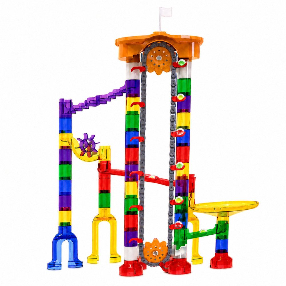 LEAN TOYS Kugelbahn Murmelbahn Konstruktionsspielzeug Weltraumabenteuer, (Spar-Set, 153-tlg., 56 x 44 cm bunt), Kugellift, Tunnel, Rutschen, 153 Teile, Weltraum