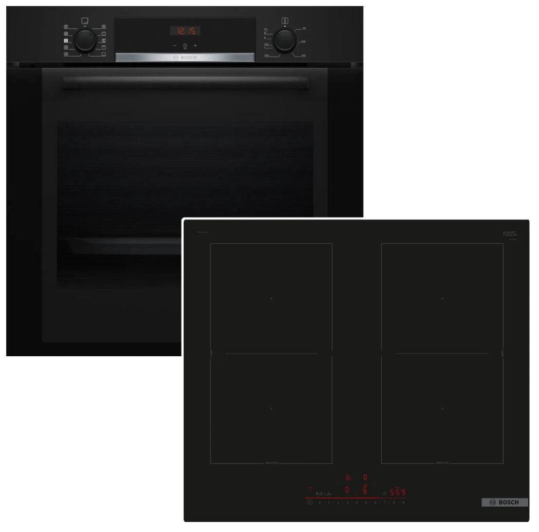 BOSCH Backofen-Set Hydrolyse Teleskopauszug + Induktionskochfeld PowerBooster autark 60cm