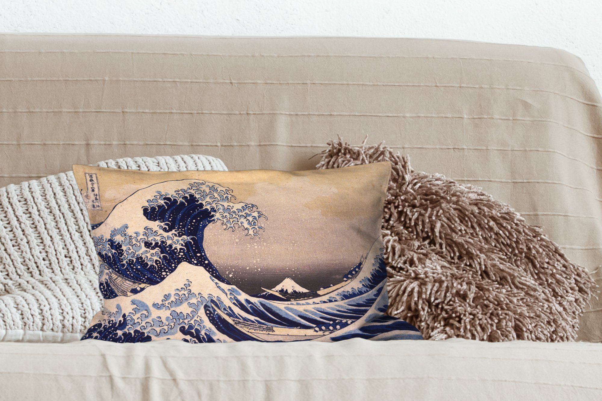 Katsushika von Kanagawa Schlafzimmer MuchoWow Dekokissen Kluft Dekokissen Hokusai, Gemälde Zierkissen, Wohzimmer mit Die - Füllung, Dekoration, große von