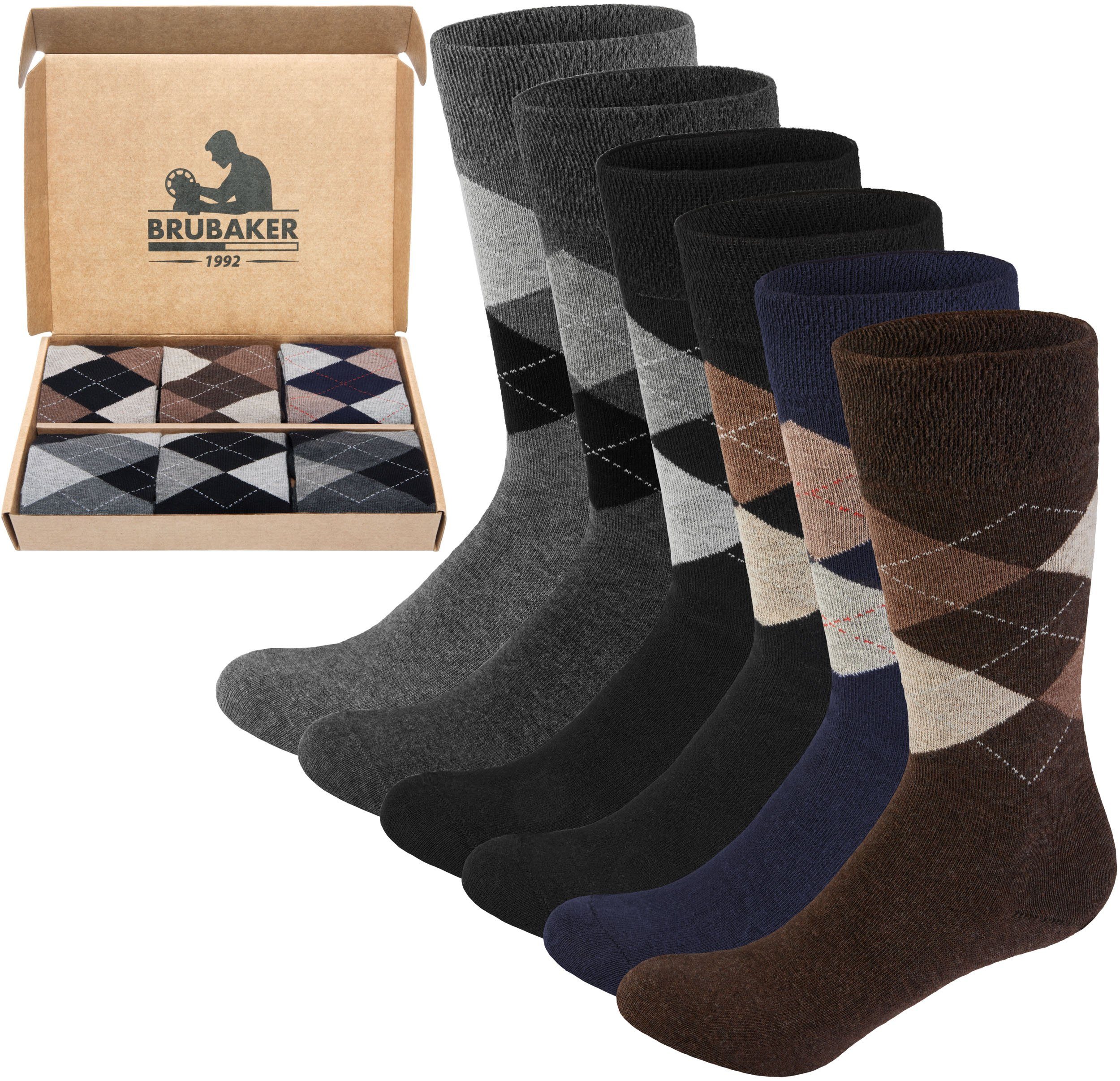 BRUBAKER Socken Karo (in und Braun Geschenkbox, weich - mit Farbmix Komfortsocken Rautenmuster Muster atmungsaktiv) Herren Argyle mit Grau Herrensocken 6-Paar
