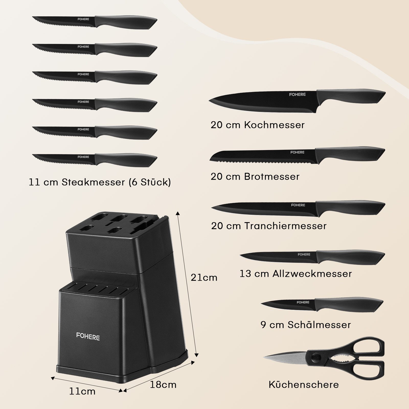 FOHERE Messer-Set aus hochwertigem Edelstahl, mit ergonomischen Griffen (13-tlg), Inkl. integriertem Schärfblock, spülmaschinenfest & rostfrei