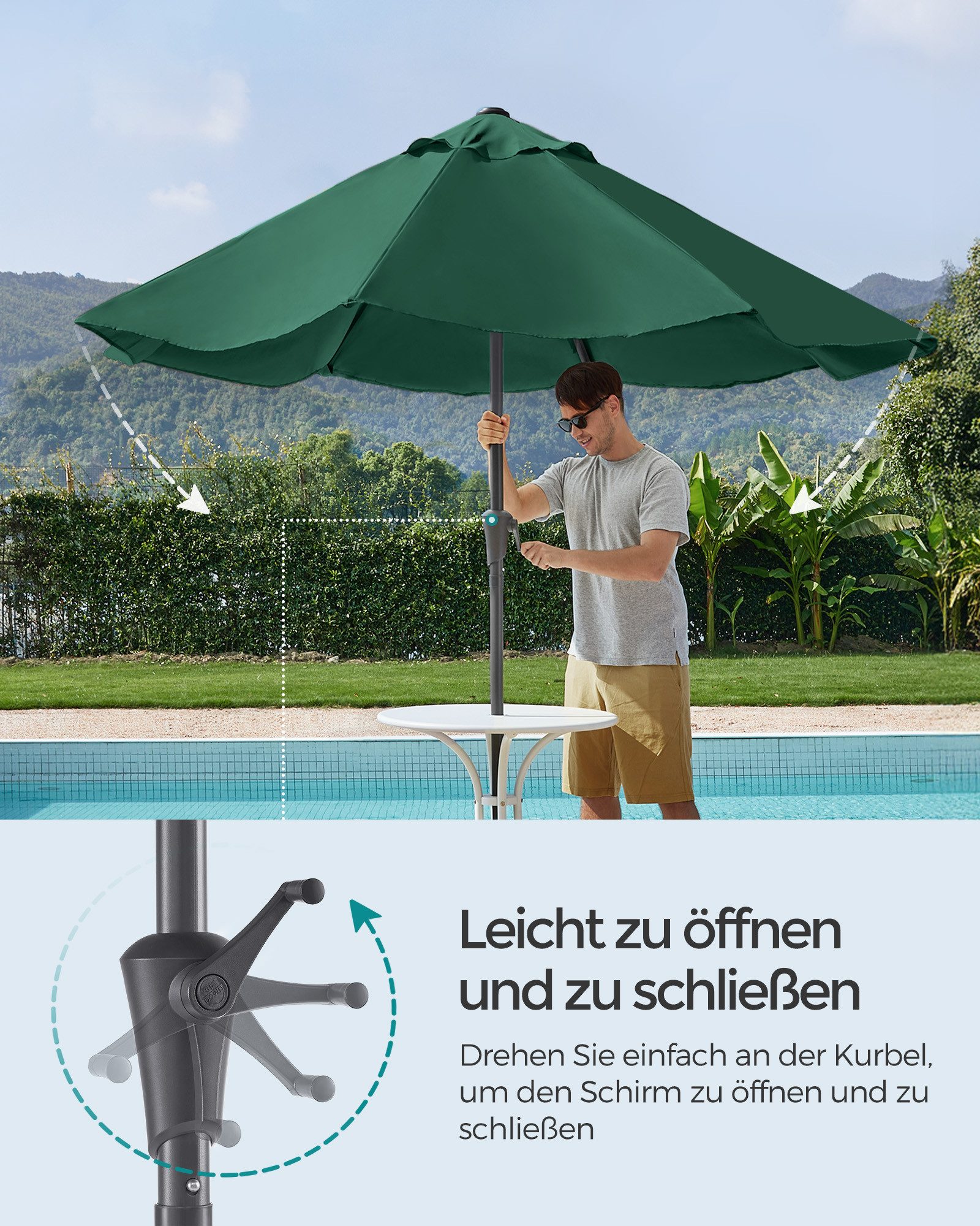 SONGMICS Sonnenschirm mit Sonnenschirmständer, Strandschirm UPF 50+, für Terrasse, 300 cm, Schirmständer mit Sand befüllbar, für Balkon, Pool