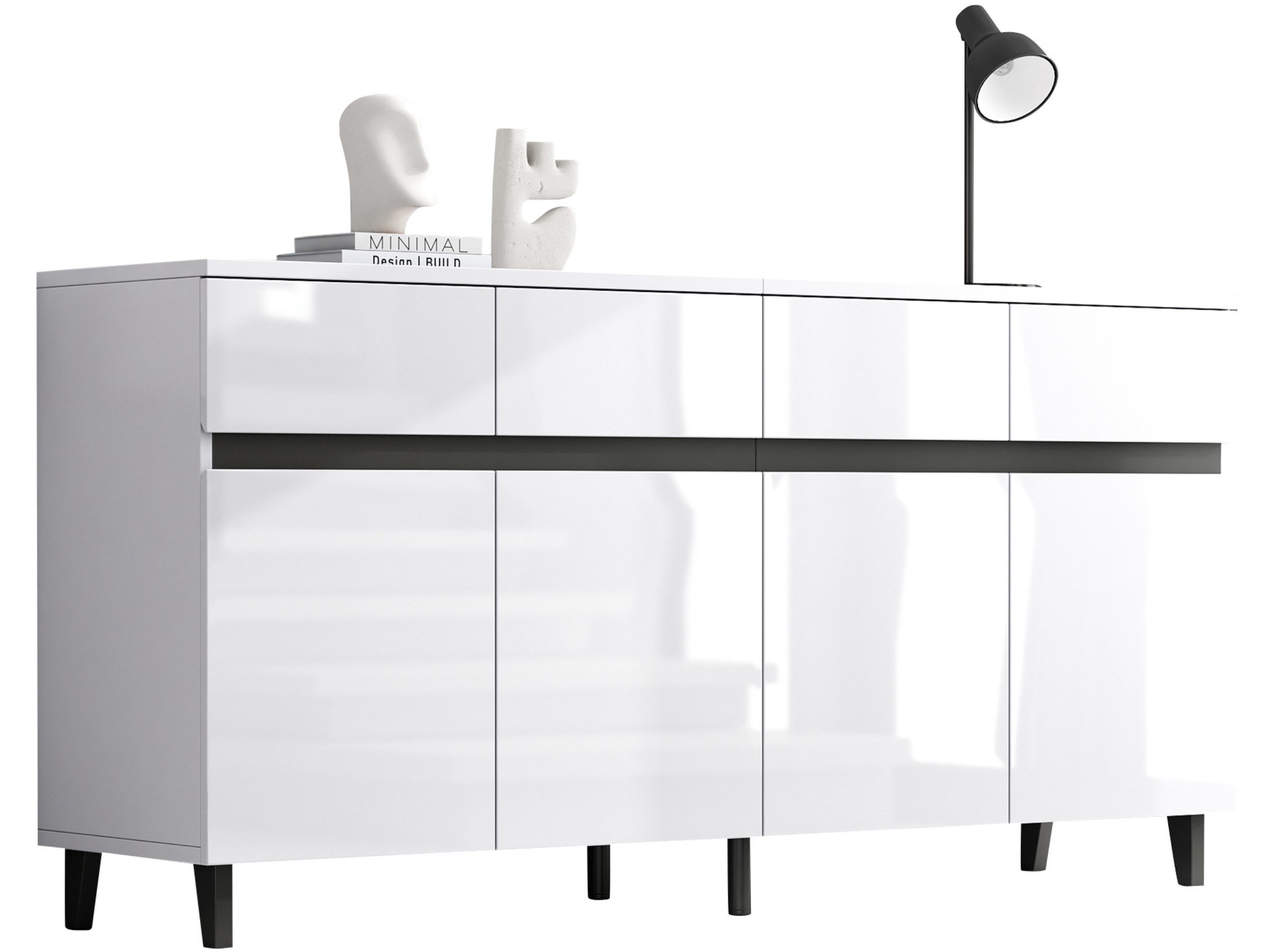 SeedWave Sideboard Großzügige Kommodenschrank mit hochglanzen Vorderseiten, 4 Schubladen, Mehrer Stauraum, höhenverstellbare Einlegeböden