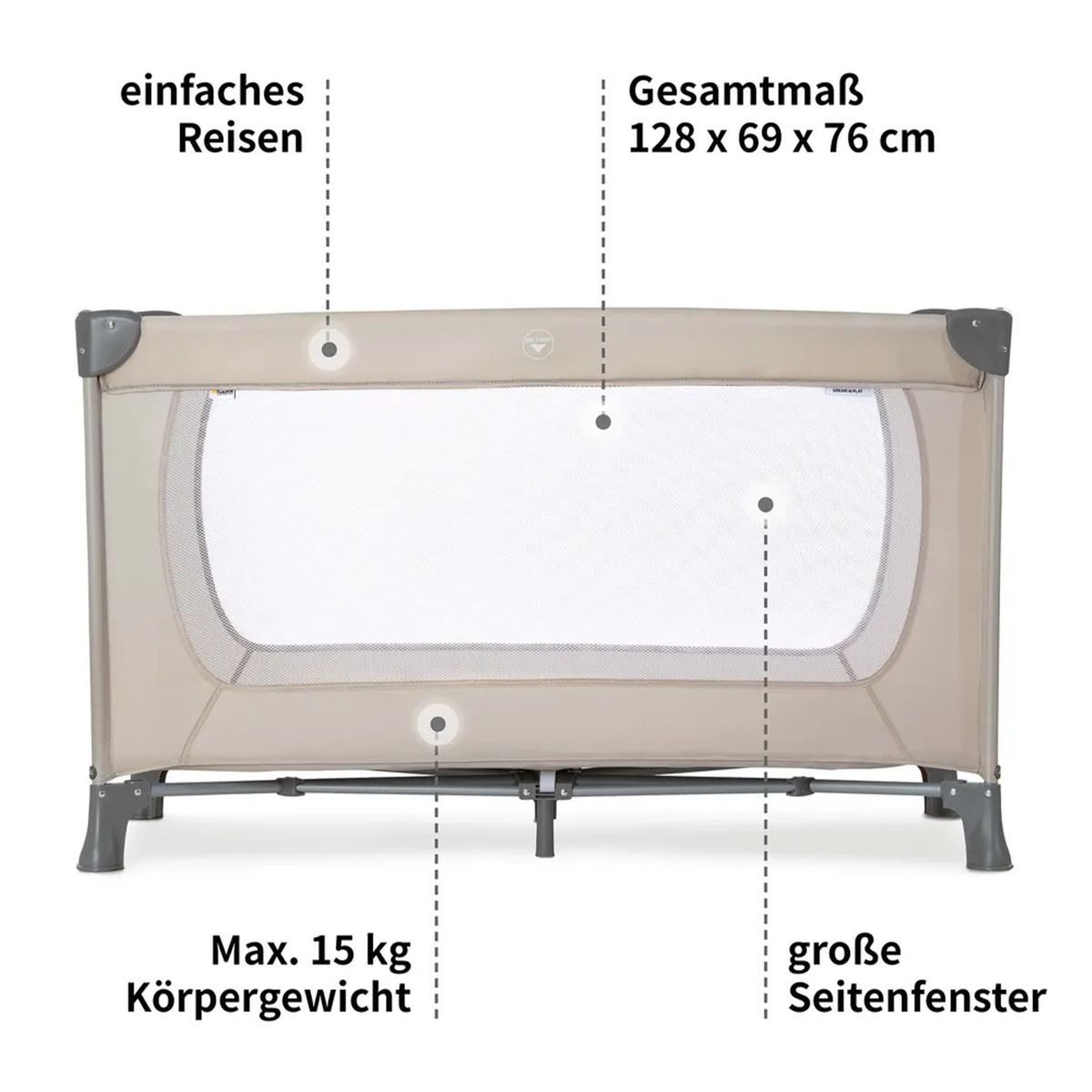 Hauck Baby-Reisebett Dream N Play - Beige, Kinder Babyreisebett mit Matratze, Insektenschutz & Tasche - faltbar