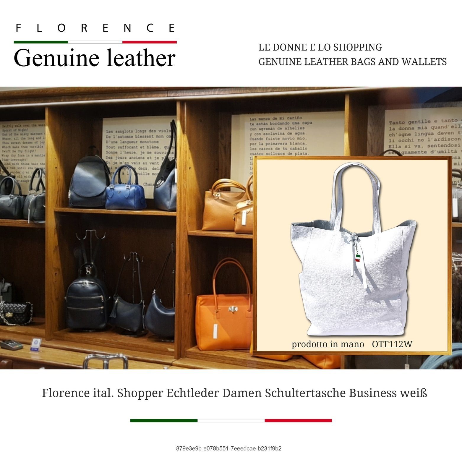FLORENCE Shopper Florence Echtleder Schultertasche weiß (Schultertasche, Shopper), Damen Tasche Echtleder, Rindsleder weiß, Made-In Italy