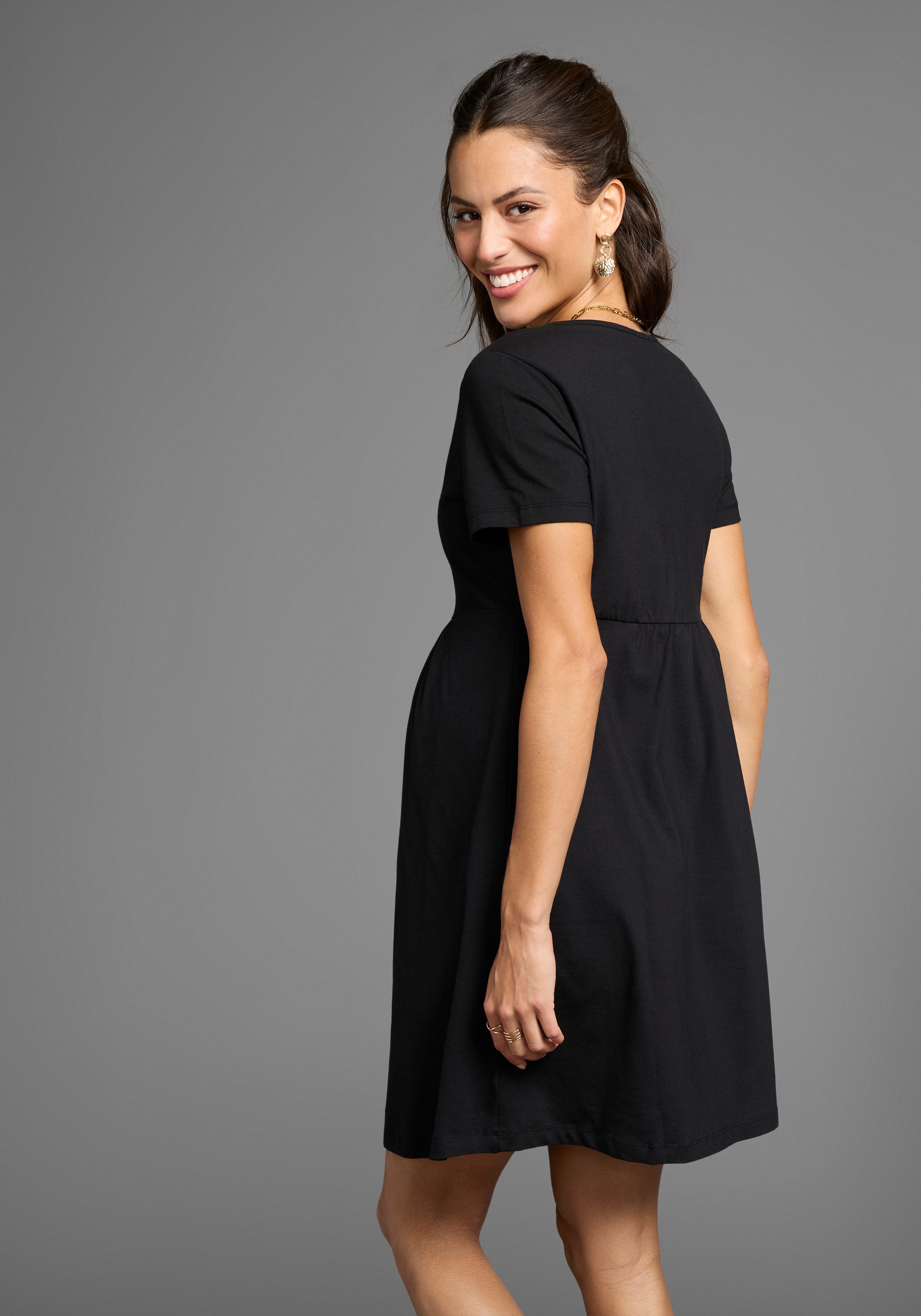 Neun Monate Umstandskleid Kurzes Schwangerschafts-Jerseykleid, Minikleid Auschnitt in Wickeloptik