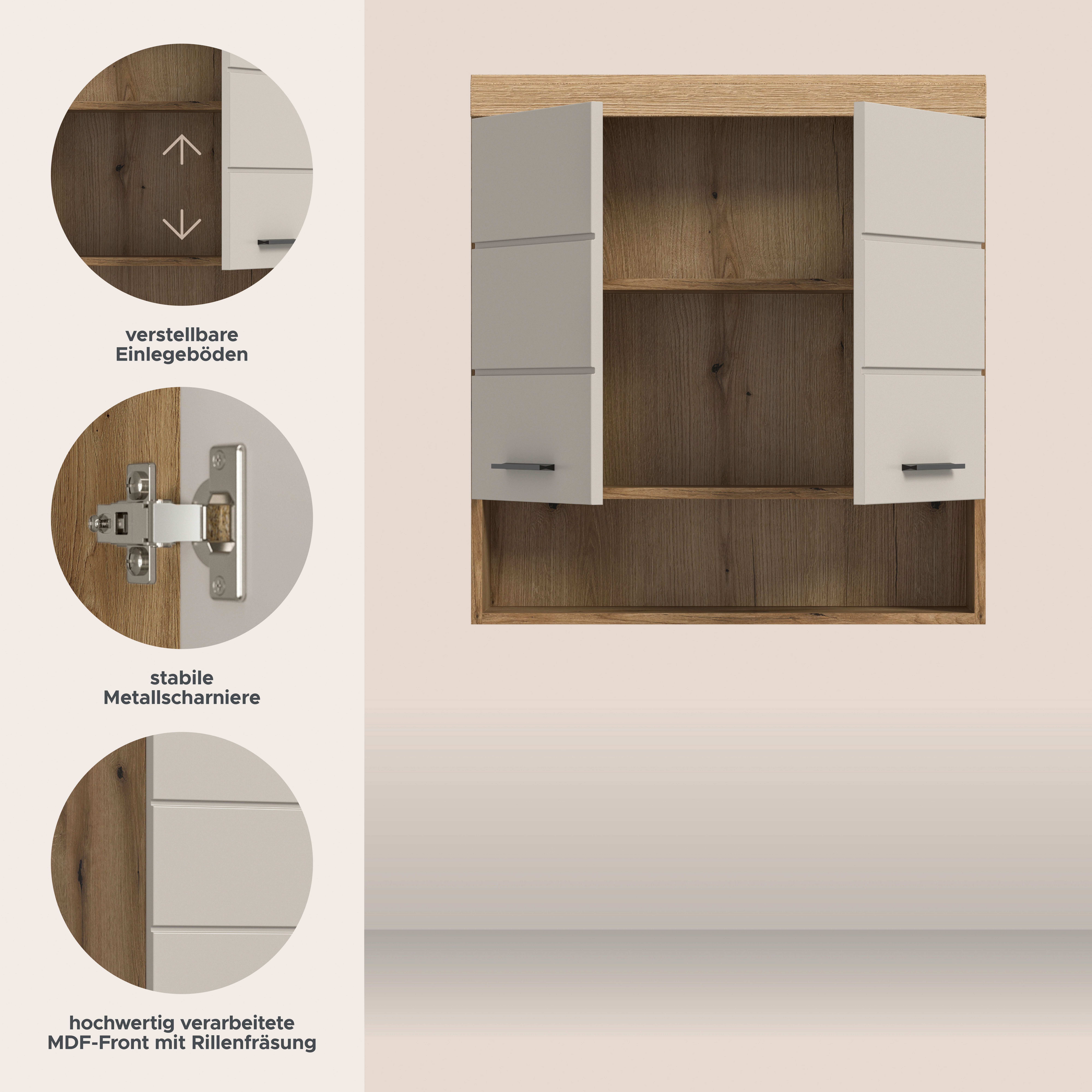 welltime Hängeschrank SIENA, Breite 74cm, 2 Türen, 1 offenes Fächer, MDF-Front (TOPSELLER)