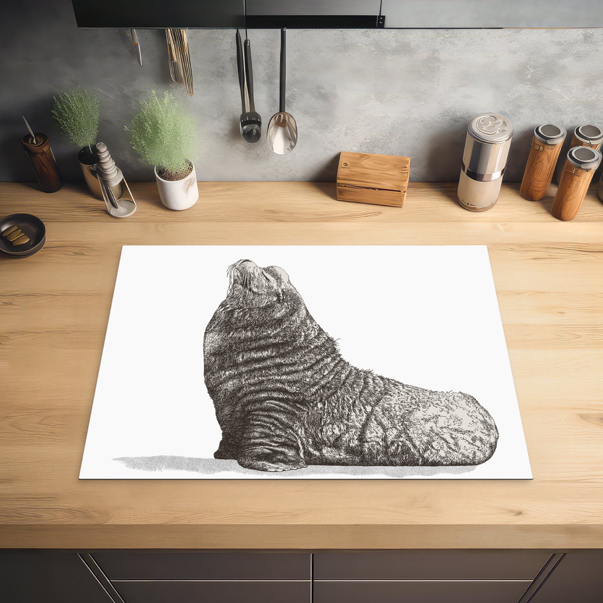 MuchoWow Herdblende-/Abdeckplatte Illustration eines Seelöwen (1 70x52 cm, Mobile tlg), nutzbar, von Arbeitsfläche der Vinyl, Seite, Ceranfeldabdeckung