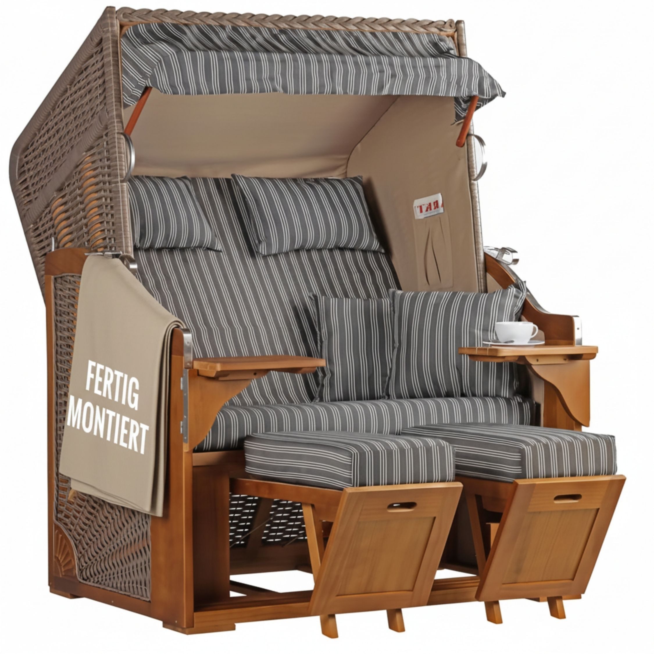 MR.DEKO Strandkorb 2-Sitzer Schleswig Pinie Braun PE Mokka, aufgebaut geliefert, BxTxH: 120x80x160 cm, 2-Sitzer, Schleswig, (Zweisitzer Strandkorb mit Bistrotischen & Fußstützen), Bereits montiert, UV-beständig, Volllieger & Edelstahl-Beschläge