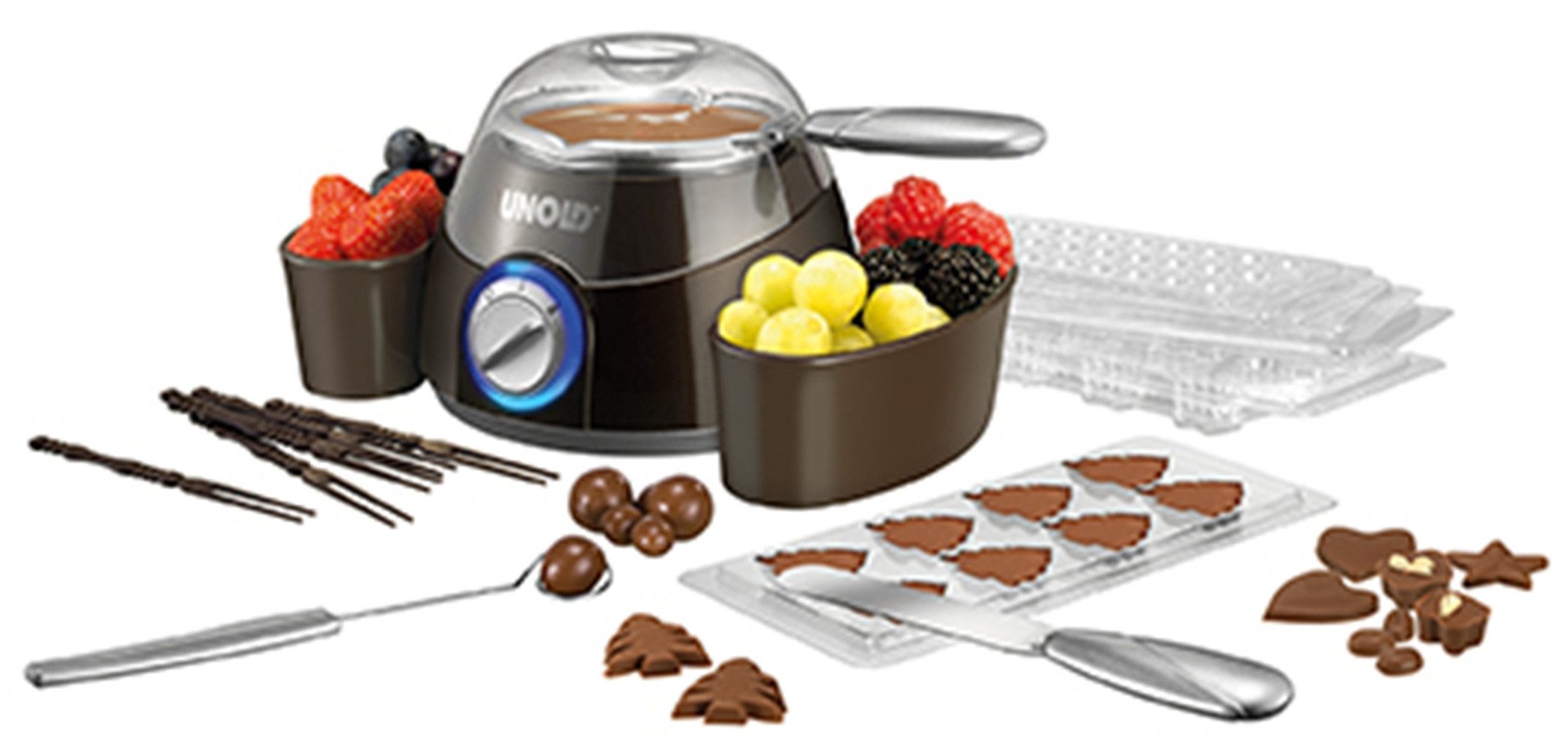 Unold Fondue Unold 486679 Chocolatier Weihnachtsedition, 0,25 l, entnehmbarer Topf 2 Temperaturstufen mit umfangreichem Zubehör
