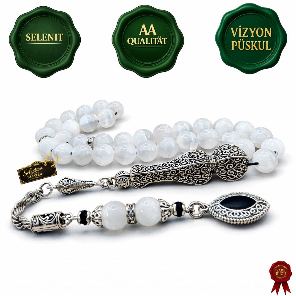 M-Punkt24 Kettenanhänger Tesbih Tespih Naturstein Küre Rund (Selenit Weiß Milchig, Gebetskette, Rosary, Subha Misbah), Design Püskül, inkl. ETUI, *SONDERPREIS WEGEN PRODUKT NEUHEIT*