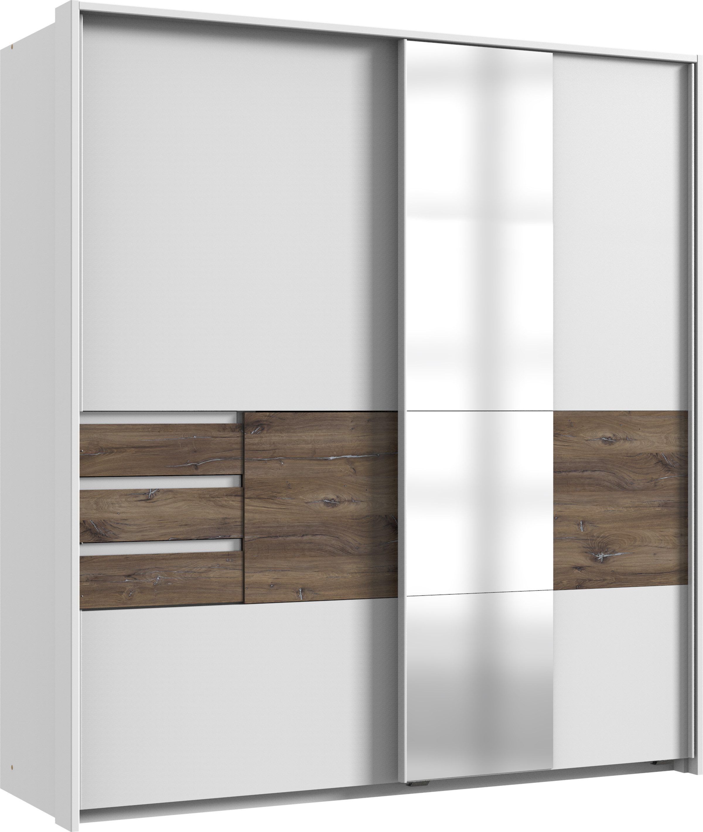 möbel-direkt.de Schwebetürenschrank Bamberg in Weiß mit Eiche Flagstaff (Kompett, 1-St., Kleiderschrank mit oder ohne Spiegel und Passepartout wählbar) Made in Germany, großzügige Stauraumaufteilung