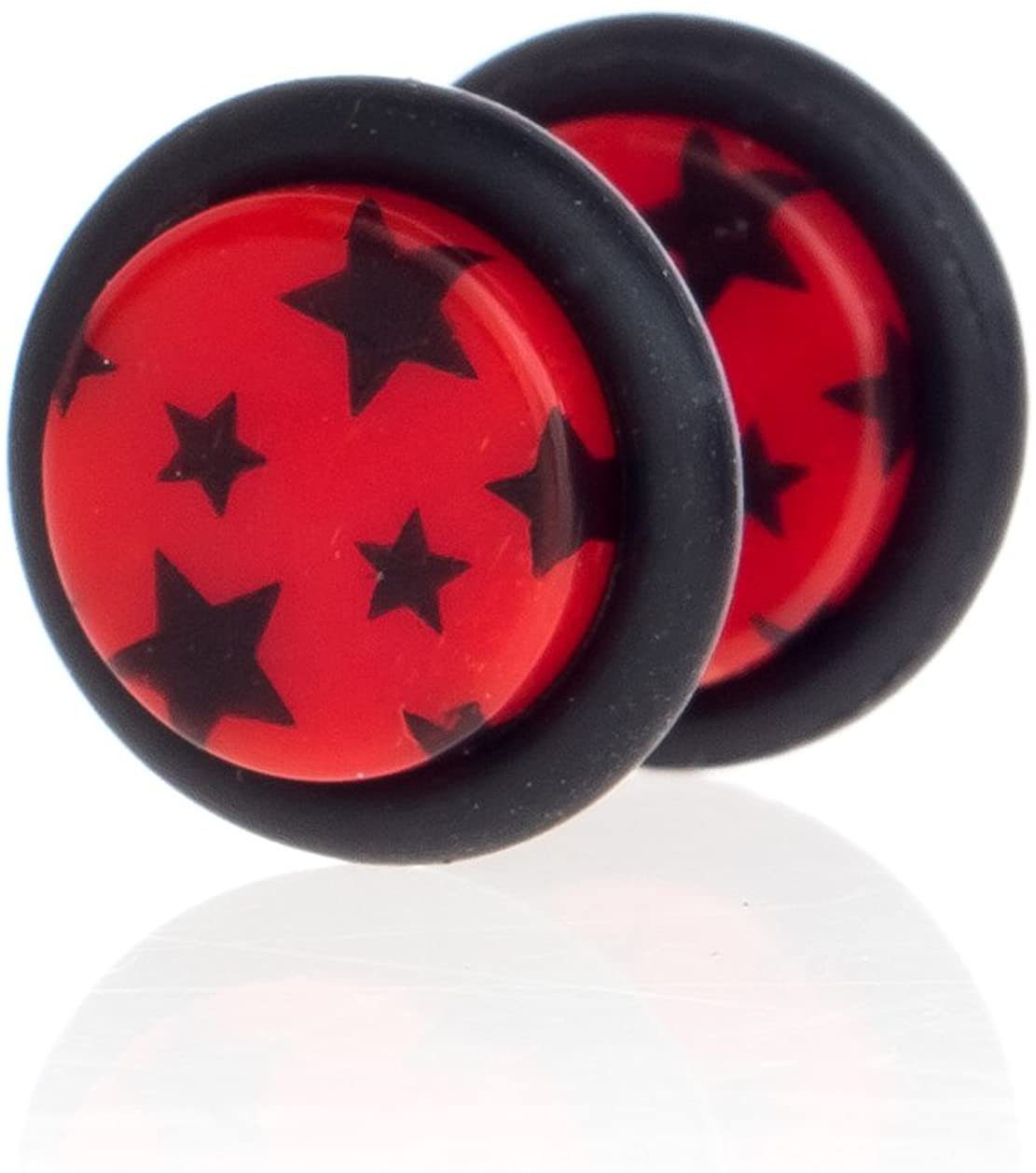 Karisma Plug 1 Paar Ohrstecker Ear Fake Plug Acryl Schwarze Sterne Gummiring Motiv Rot FAES-8mm Ohrpiercing