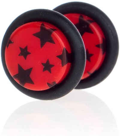 Karisma Plug 1 Paar Ohrstecker Ear Fake Plug Acryl Schwarze Sterne Gummiring Motiv Rot FAES-8mm Ohrpiercing