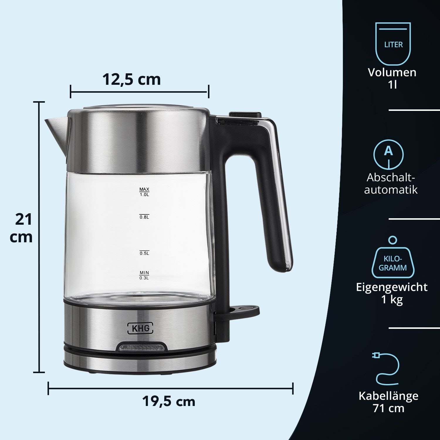 KHG Wasserkocher WK-106 GE, 1 Liter, aus Glas & Edehstahl mit abwaschbarem Kalkfilter, 1 l