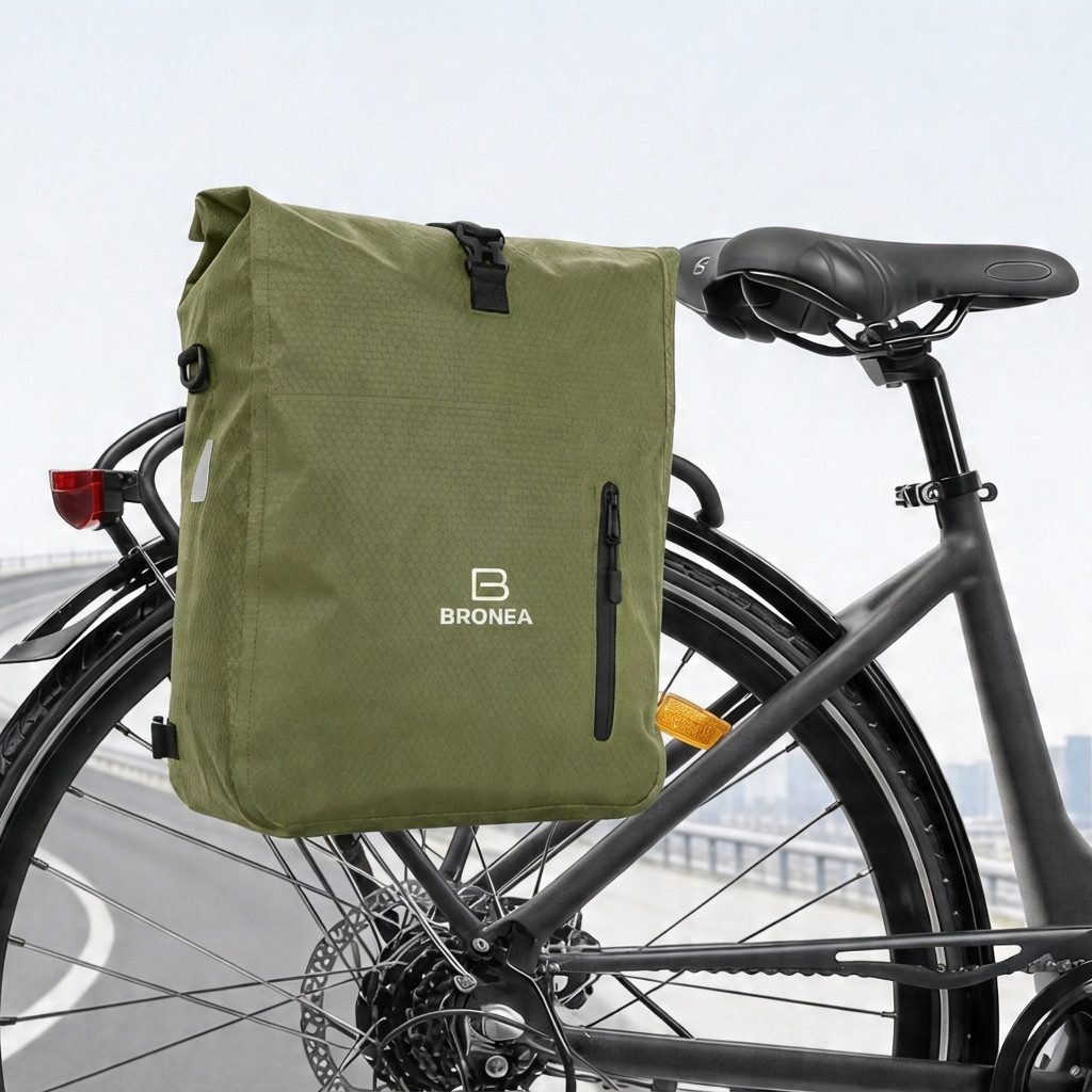 Bronea Fahrradtasche 3 in 1 Wasserdicht - 28L - OLIVEGREEN - Kombi Rucksack & Umhängetasche (Schnellmontage an Gepäckträger, integrierte Laptoptasche), Diamond-Struktur Laptoptasche 100% Wasserdicht Reflektierende Elemente