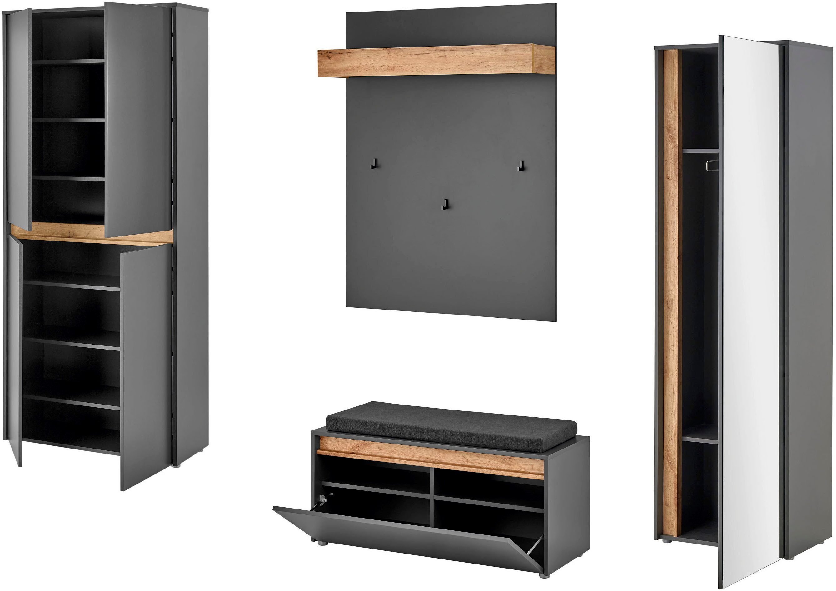 Home affaire Garderoben-Set City/Giron, moderne Garderobe, viel Stauraum, ca. 40 Schuhe, (Set, 4-St), enthält Schrank mit Spiegel, Schuhschrank, Paneel &Bank in – Bild 4 von 5