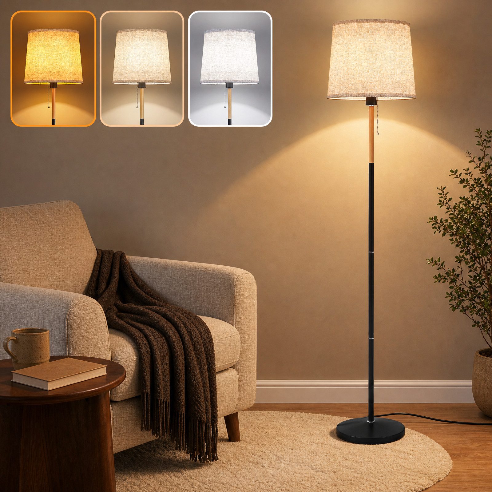 TLGREEN Stehlampe LED Stehleuchte, Wohnzimmerlampe, E27 Lampensockel, Max. 60W, mit 9W LED-Glühbirne, LED wechselbar, 170cm Höhe für Wohnzimmer, Schlafzimmer, Arbeitszimmer, Stehlampe Leinen Lampenschirm