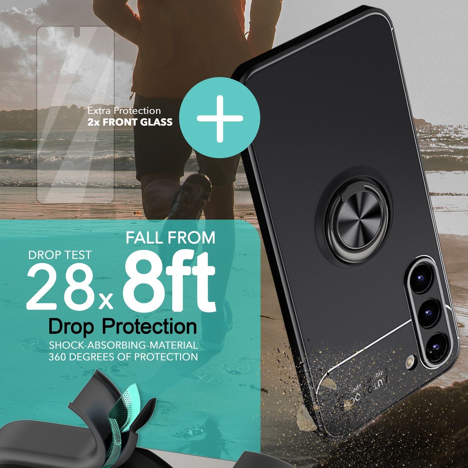 Nalia Smartphone-Hülle Samsung Galaxy S23 15,5 cm (6,1 Zoll), Matte Ring Silikon Hülle / 2x Displayschutz / 360° Ring / Aufsteller – Bild 2 von 5