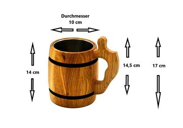MyBer® Bierkrug Holzkrug Krug Bierkrug Holz Eiche ca. 0,5L Edelstahleinsatz Handarbeit, Holz, handgefertigt