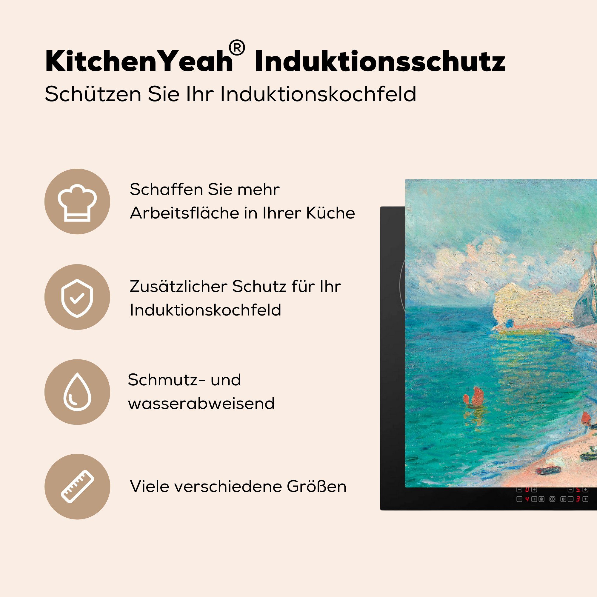 MuchoWow Herdblende-/Abdeckplatte Der Strand tlg), Ceranfeldabdeckung, die von 78x78 Monet, Claude küche und Arbeitsplatte - Gemälde (1 Falaise d'Amont Vinyl, für cm