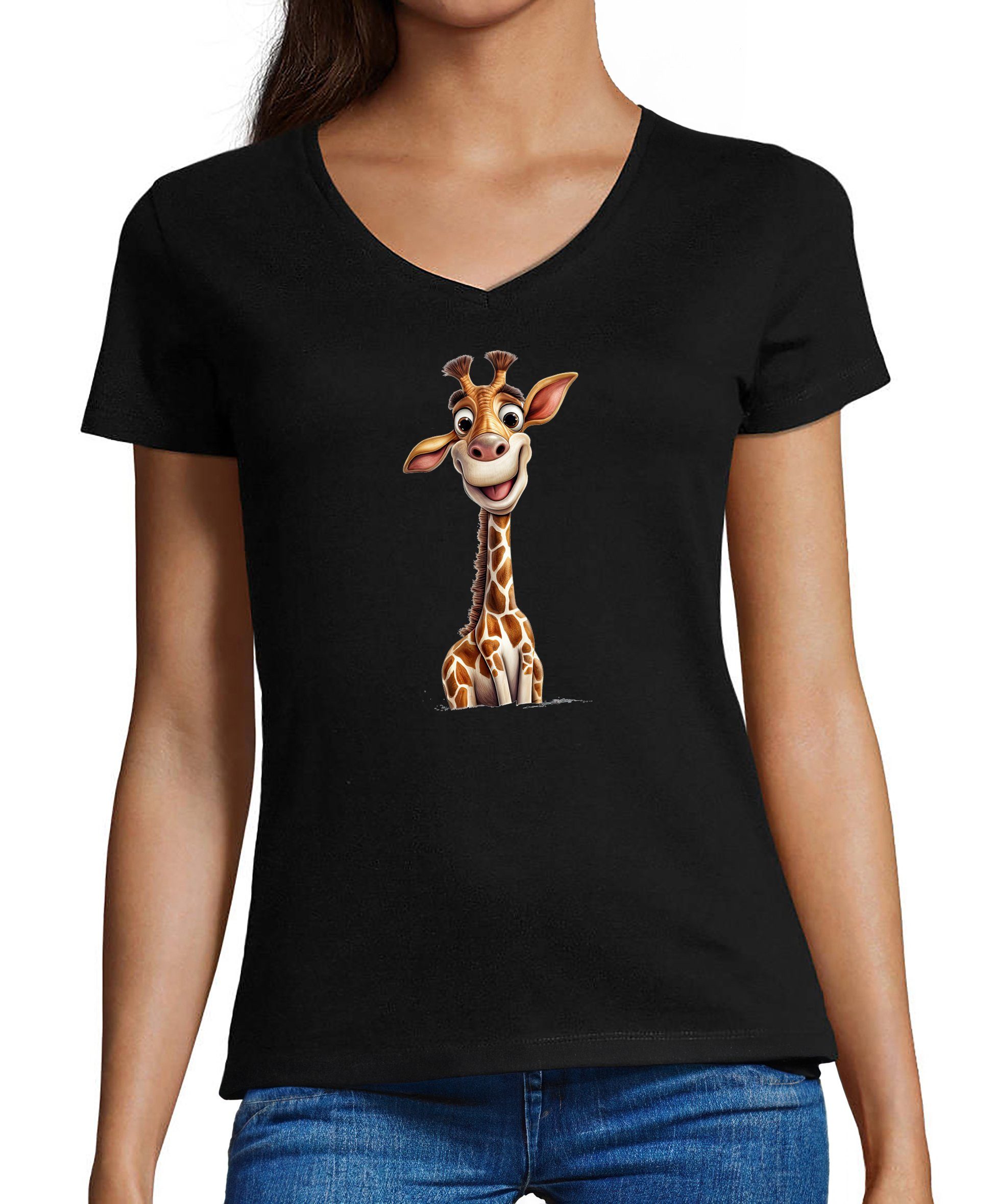 MyDesign24 T-Shirt Damen Wildtier Print Shirt - Baby Giraffe V-Ausschnitt Baumwollshirt mit Aufdruck Slim Fit, i273 schwarz