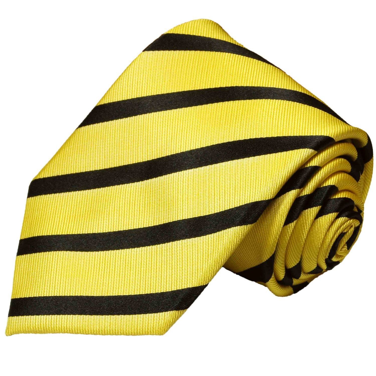 Krawatte Paul gelb Seidenkrawatte Breit 2-St., (Set, Einstecktuch) gestreift (8cm), Tuch mit Malone Herren Krawatte Seide 979 schwarz 100% und