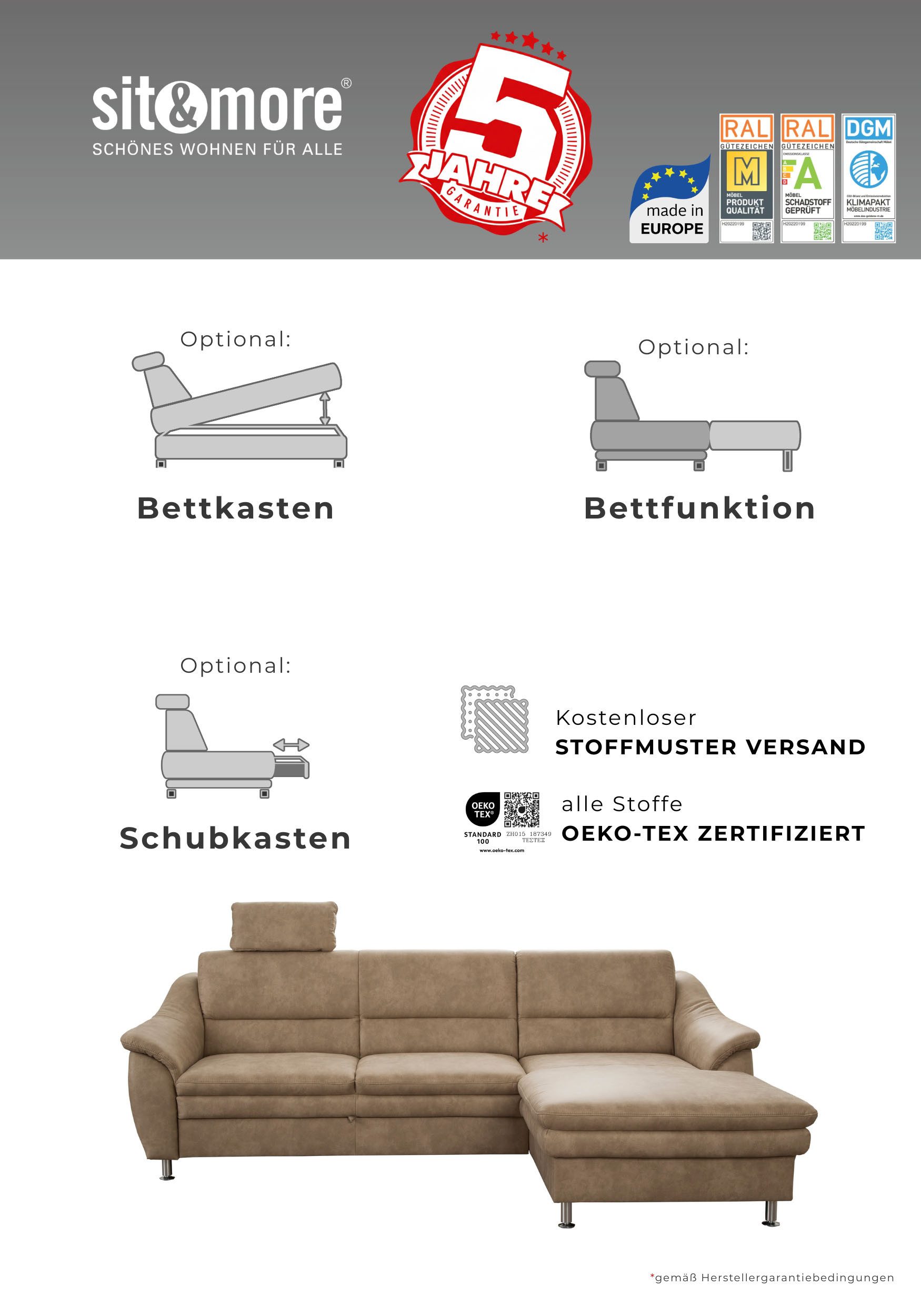 sit&more Wohnlandschaft Cardoso U-Form, mit Federkern und Kopfstützen, mit Schlaffunktion und Relaxfunktion