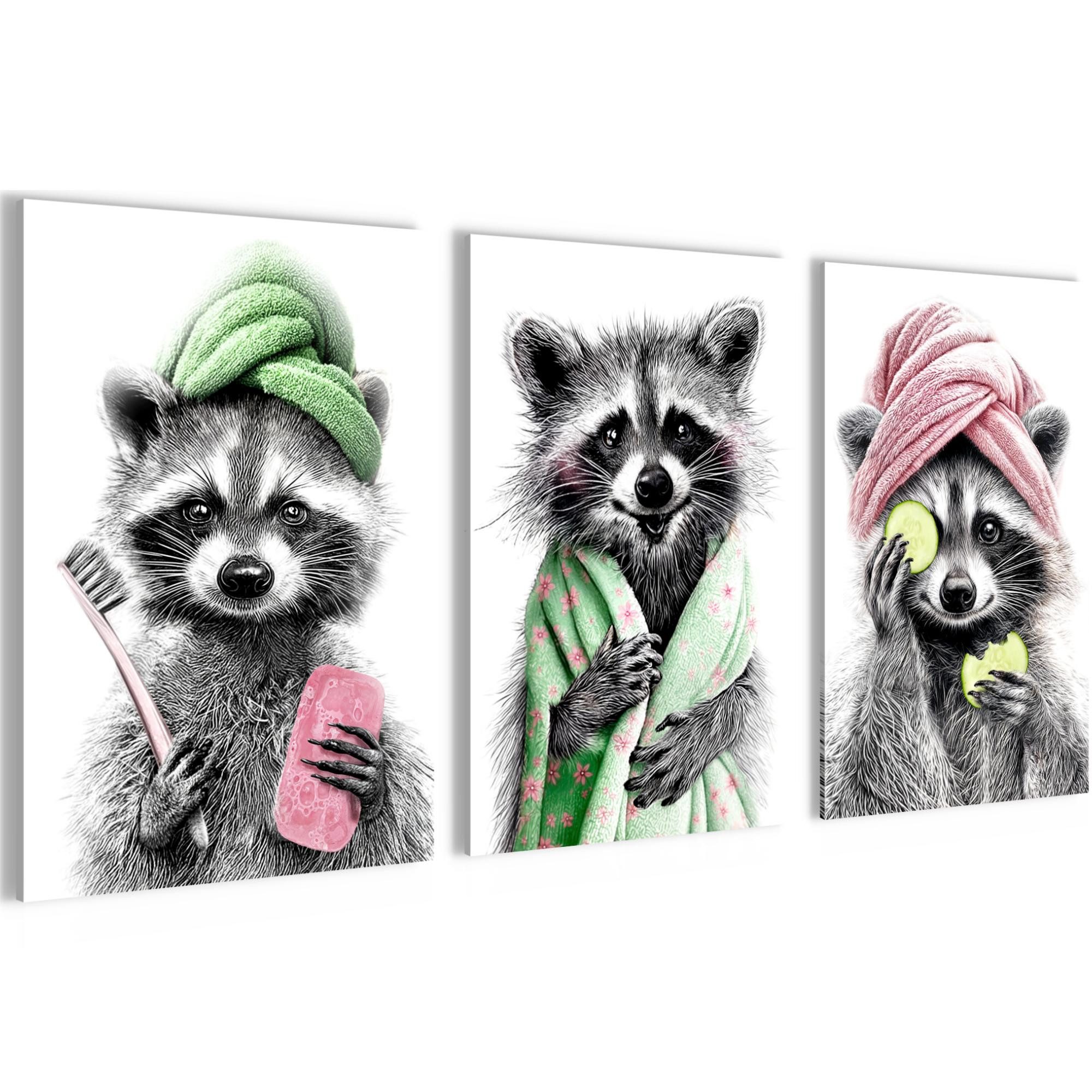 Novart Wandbild Wandbilder Set Frau im Badezimmer Lustige Toiletten Bilder, Waschbär (3 St)