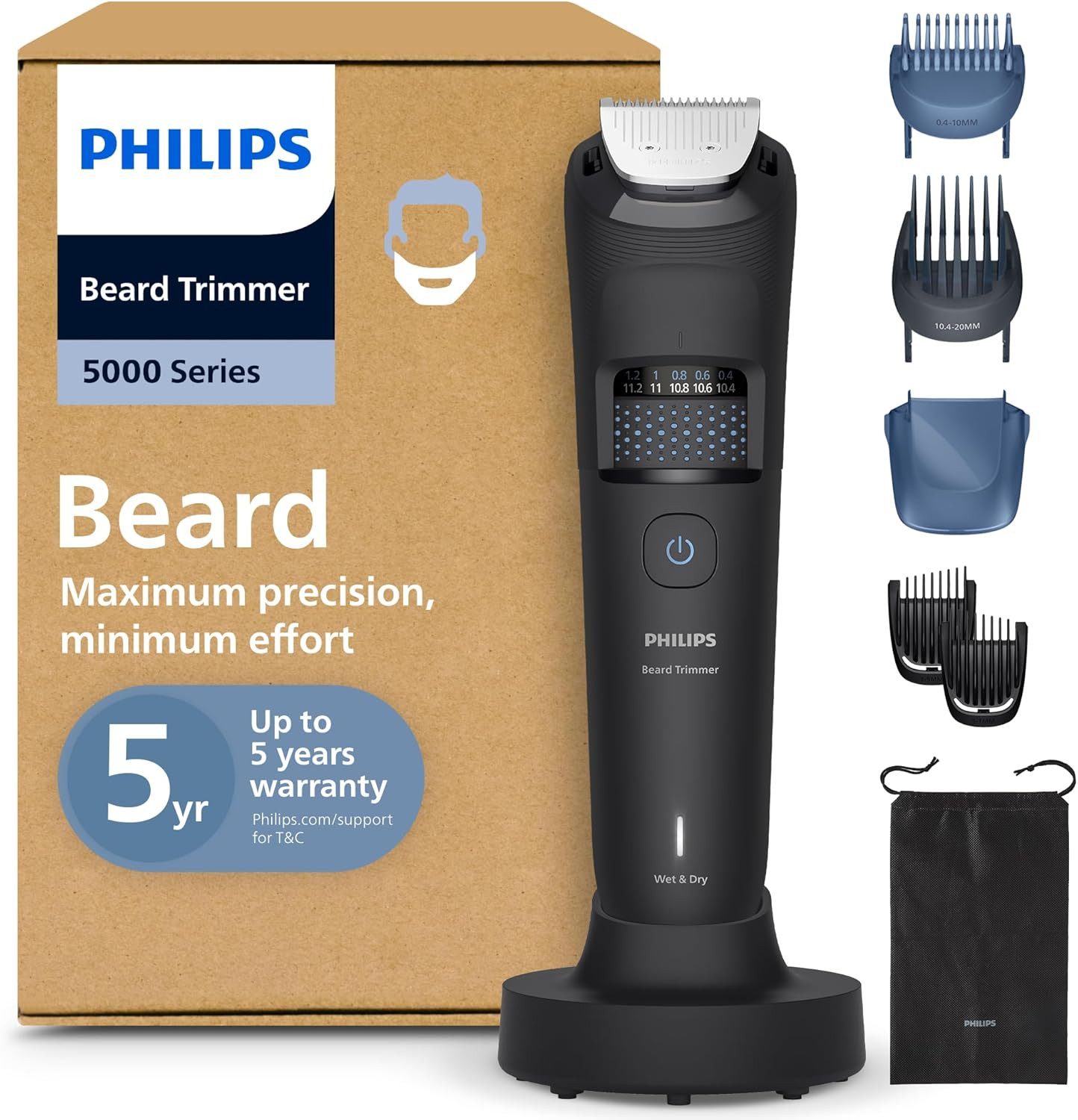 Philips Haar- und Bartschneider Philips Bartschneider 5000er wasserdicht BT5785/30, BeardSense-Technologie, Haarkollektor, 100% wasserdicht, selbstschärfende Metallklingen, 40 Längeneinstellungen, Reiseetui