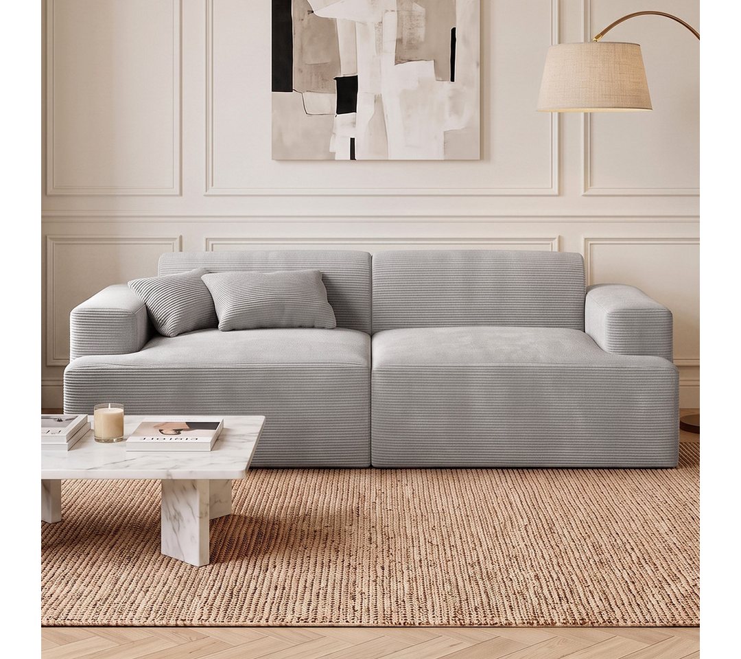 skølm Sofa Freki aus Cord, Vollschaumcouch mit Federkern und Vakuum-Kompression, Grau, Couch 2 Sitzer mit 2 Kissen, kein Aufbau erforderlich, 230 cm breit, gepolstert, vakuumiert
