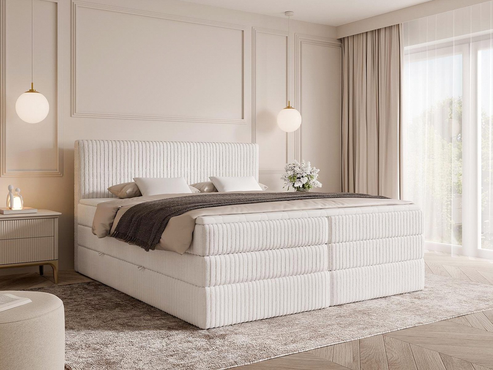 Compleo Boxspringbett mit zwei Bettkästen, Multipocket-Matratzen MIKO LUX (hohe Liegehöhe, weicher Cordstoff, Cord-Bett), Doppelbett, T30-Schaum, Visco Topper
