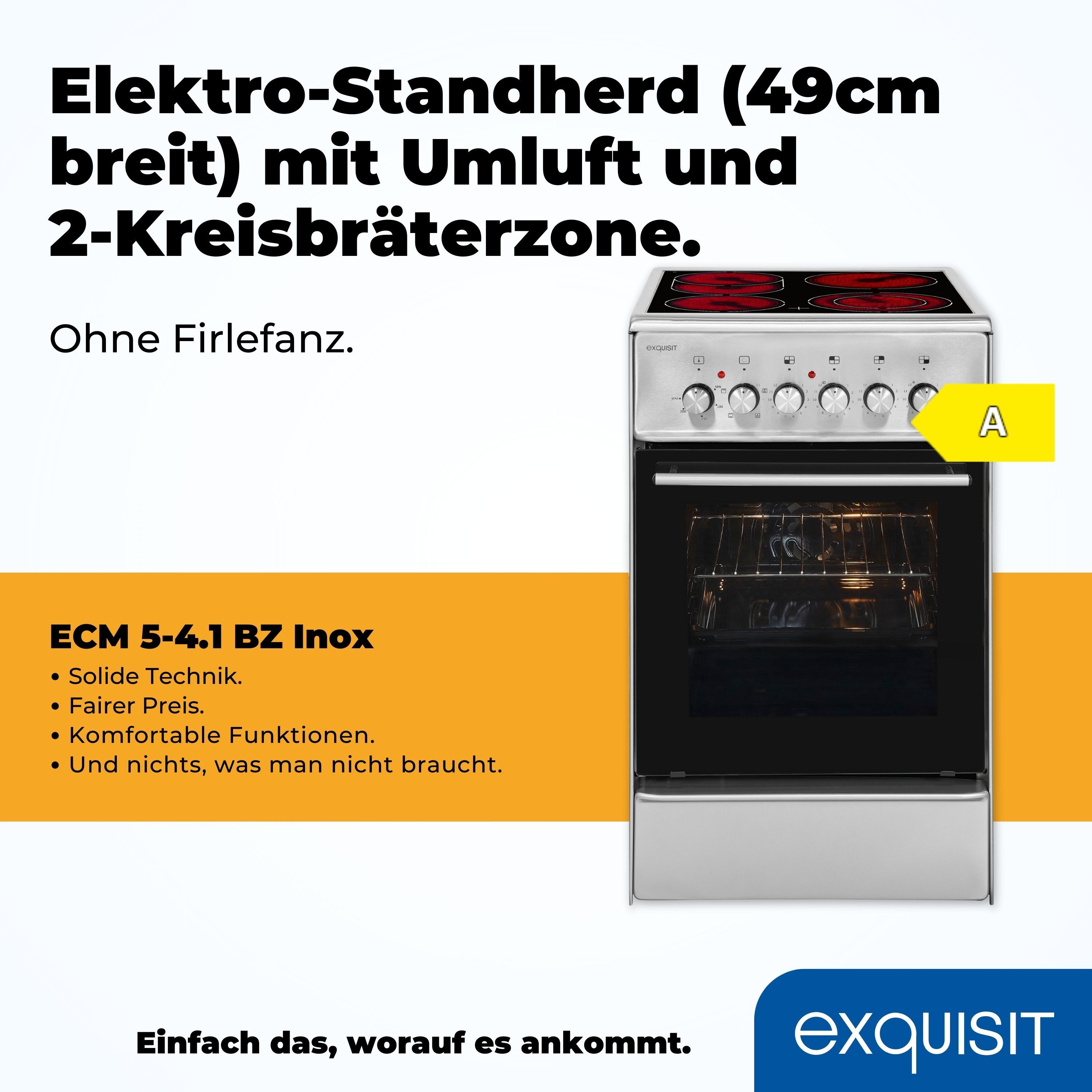 exquisit Elektro-Standherd ECM 5-4 BZ, Grill, Umluft, 2-Kreisbräter & Bräterzone ideal für flexibles Kochen