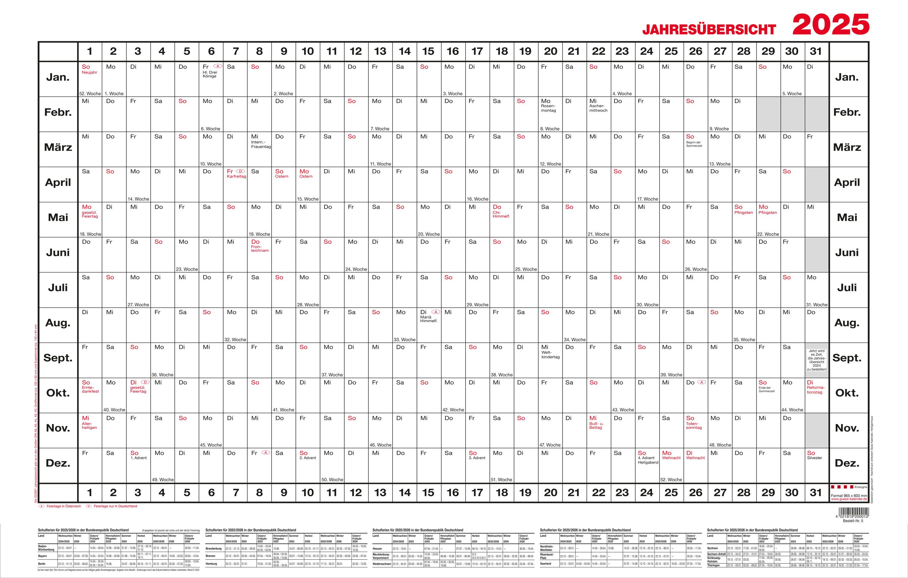GÜSS Kalender Jahresplaner 2025 Güss Jahresübersicht Superformat