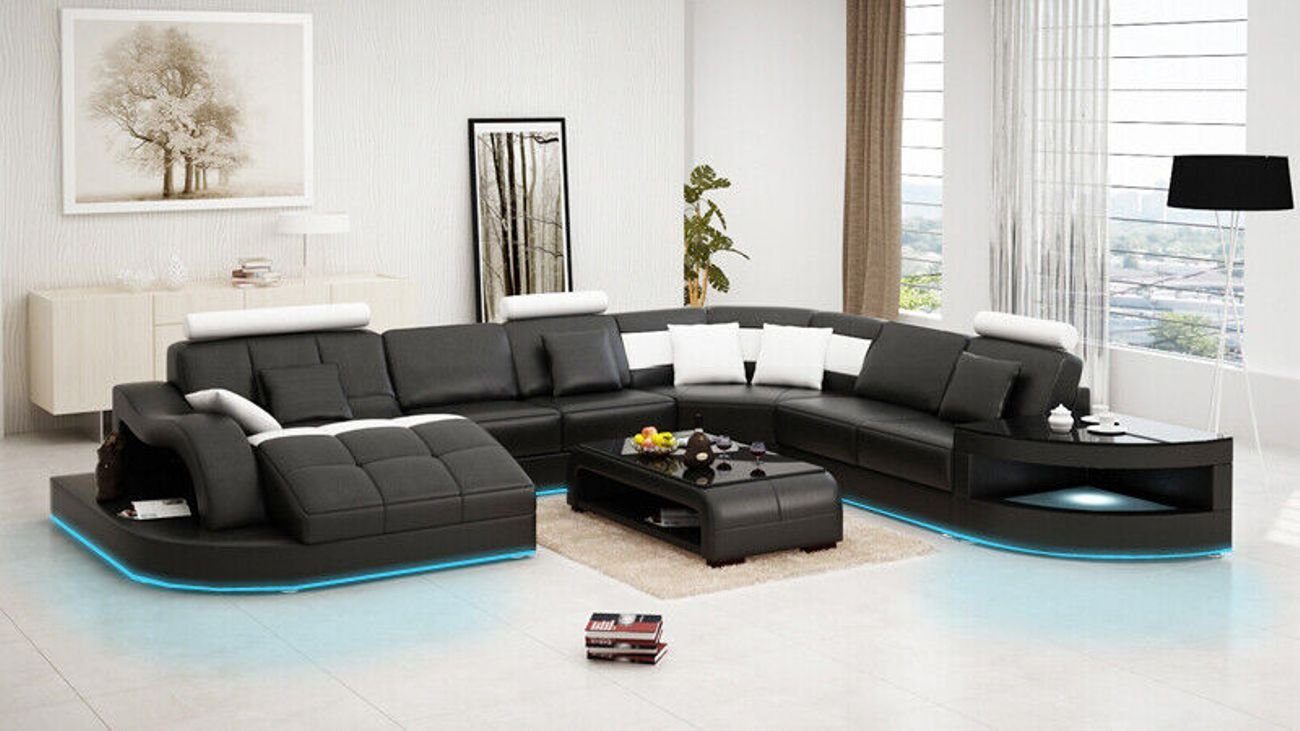 JVmoebel Ecksofa Ledersofa Couch Wohnlandschaft Ecksofa Eck Garnitur Modern Sofa +USB Schwarz/Weiß