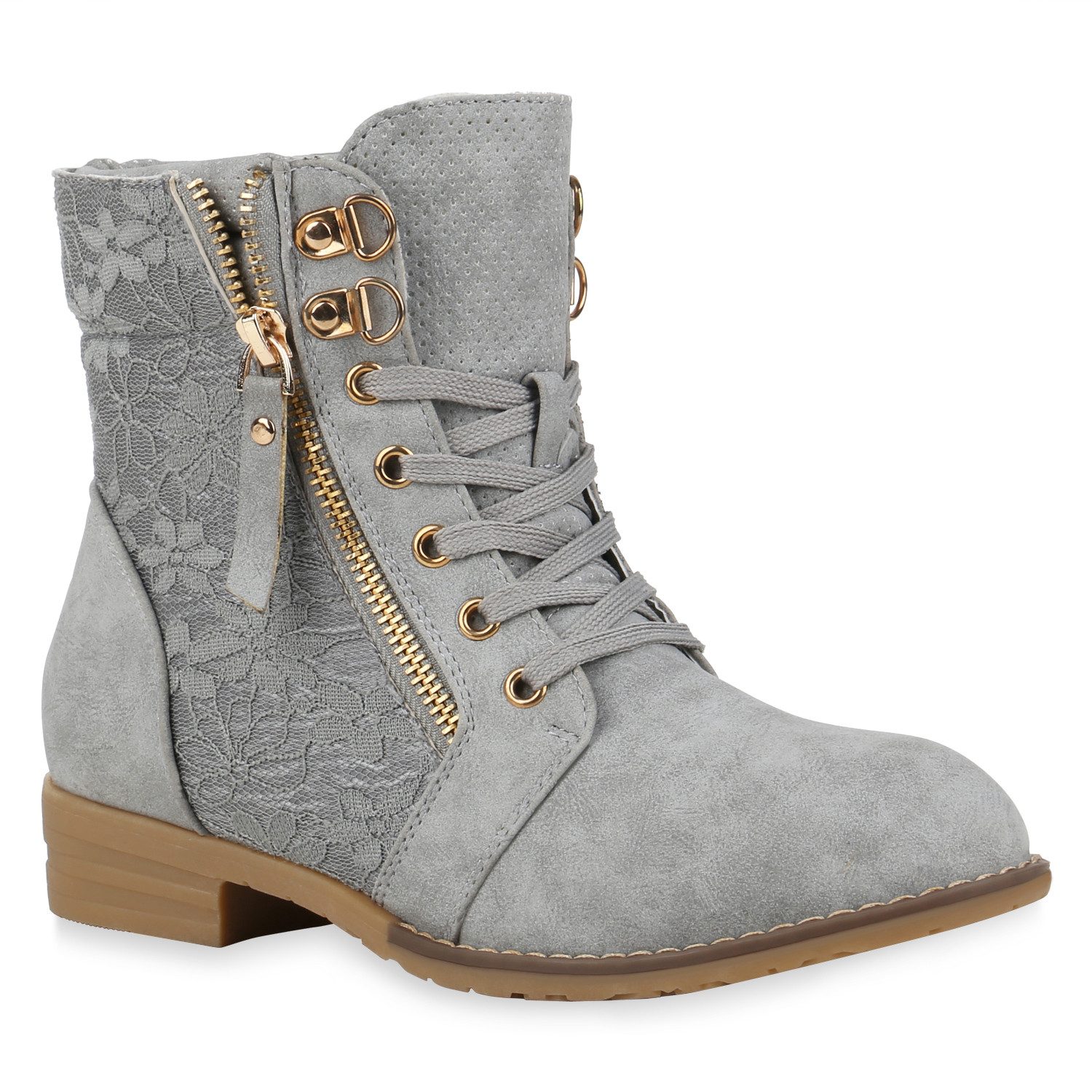 VAN HILL 815442 Schnürstiefelette Damen Schnürstiefeletten Spitze Stiefeletten Zipper Worker Boot