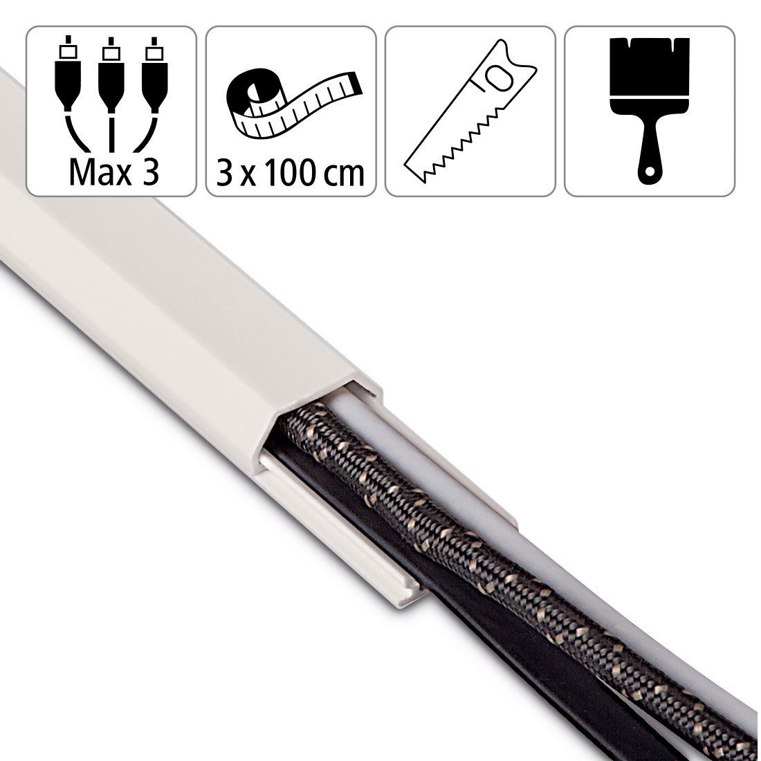 Hama Kabelkanal Kabelkanal, 3 Stück, 100 x 2,1 x 1 cm, PVC, Weiß, selbstklebend, eckig, individuell anpassbar, universell, langwierig