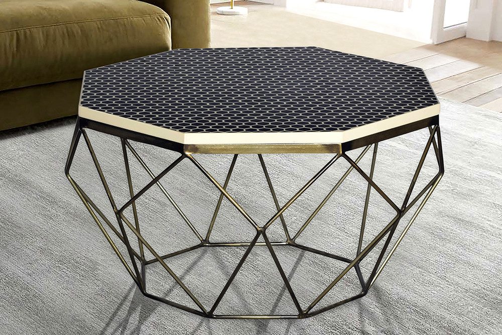 riess-ambiente Couchtisch DIAMOND 70cm schwarz/weiß - Achteckig, Mosaik, Messing, Kunsthandwerk (Einzelartikel, 1-St), moderner Beistelltisch - ideal für Arbeits-, Gäste- & Wohnzimmer