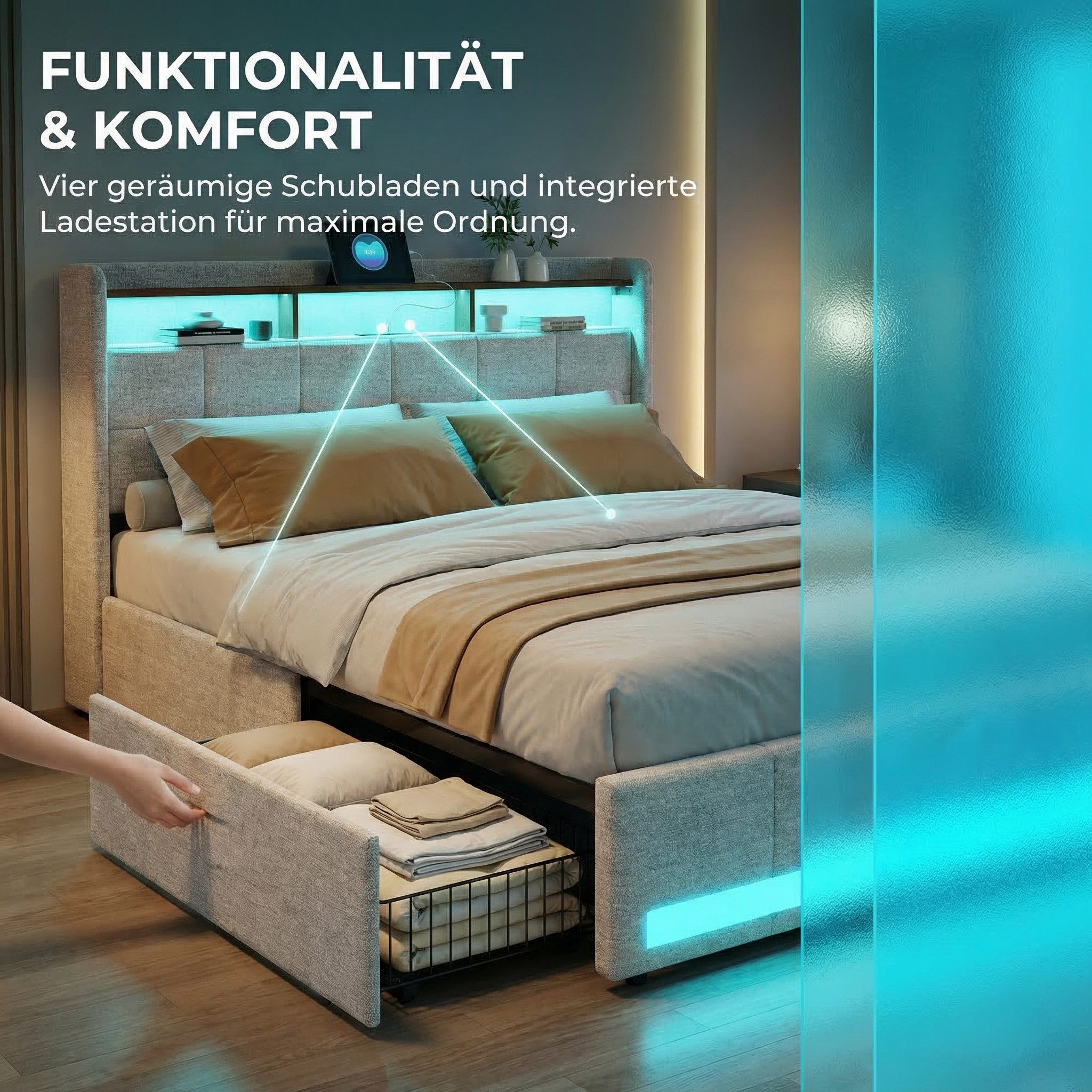 Furnishings Home Polsterbett LED Doppelbett Stauraumbett mit Kopfteil und 4 Schubladen (Leinenmaterial Polsterbett mit RGB Beleuchtung), mit Lattenrost und Ladefunktion, mit Komforthöhe, Leises Design Bett