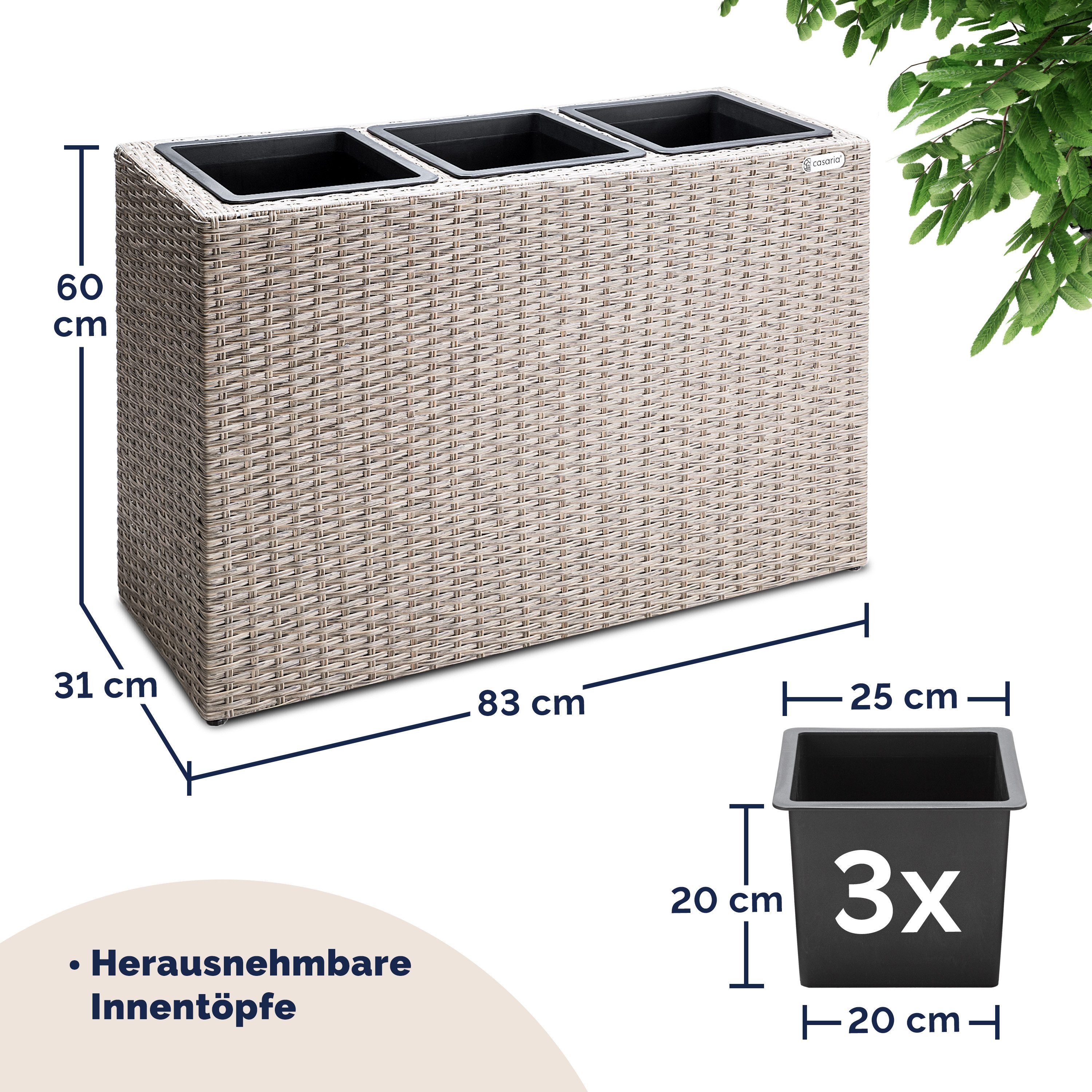Casaria Pflanzkübel, 3 Innentöpfe Herausnehmbar Polyrattan 83x30,5x60cm Blumentopf Creme