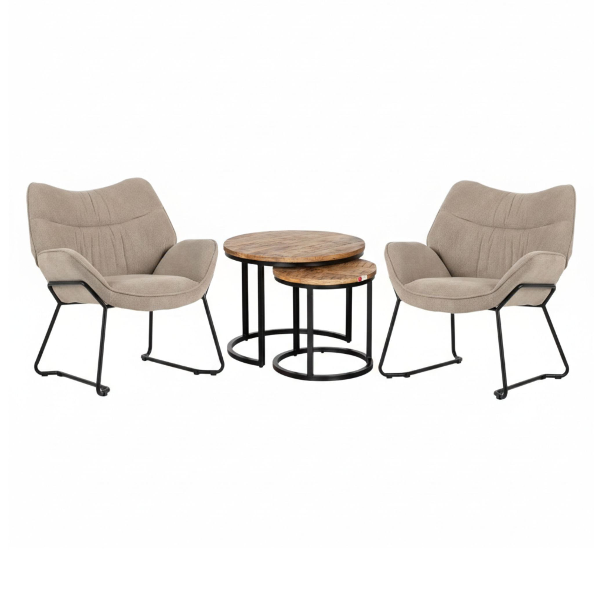 MR.DEKO Loungesessel Wohnzimmer-Set 2x Sessel Aliano mit Beistelltisch-Set Fermo beige (2‑teiliges Indoormöbel‑Set: 2x Sessel + 2x kleine Tische, 4-St), Comfort‑Sessel beige & Beistelltische massiv Leseecke