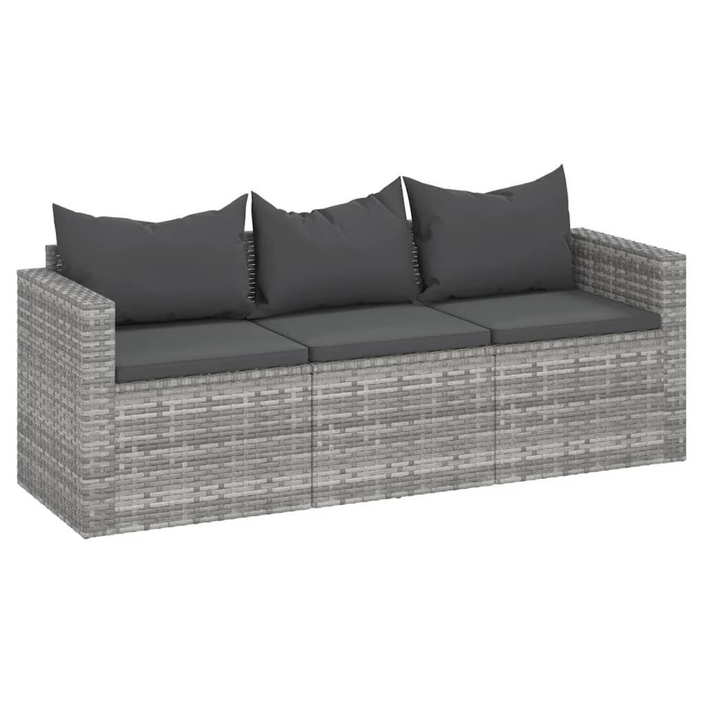 vidaXL Loungesofa Gartensofa 3-Sitzer mit Kissen Grau Poly Rattan, 1 Teile
