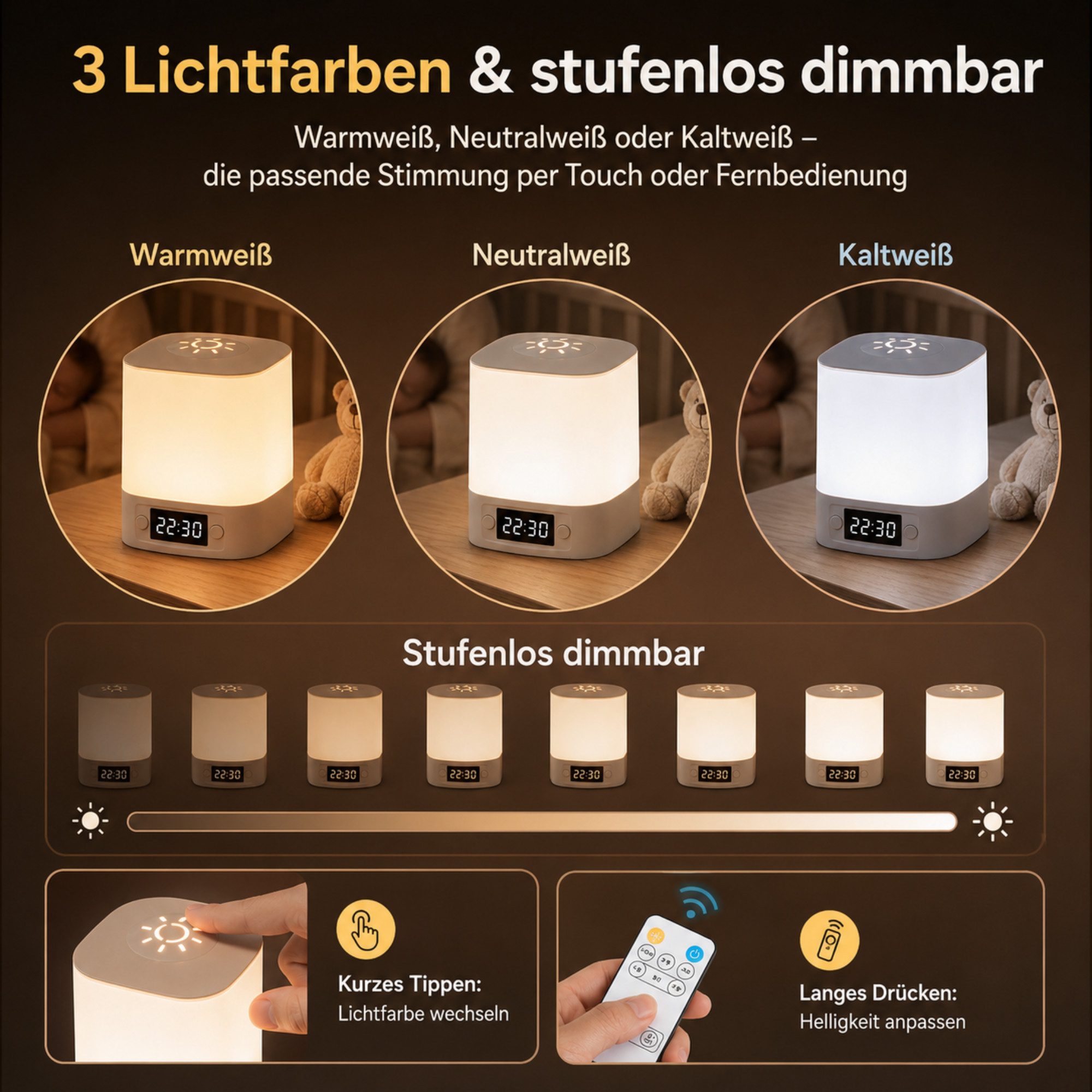 Luckice LED Nachttischlampe LED Nachtlicht,Touch-Lampe,Tisch-Nachttischlampen,Schlafzimmer Lampe, Soft Light Touch Tischlampe für Augenschutz, Die LED kann nicht ausgetauscht werden., Stufenloses Dimmen,Dreifarbig einstellbar, mit Touch-Sensor, Mit Fernbedienung, Mit Uhranzeige