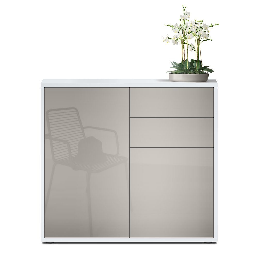 Vladon Kommode Ben V1 (Kommode, mit 2 Türen und 2 Schubladen), Weiß matt/Sandgrau Hochglanz (79 x 74 x 36 cm)