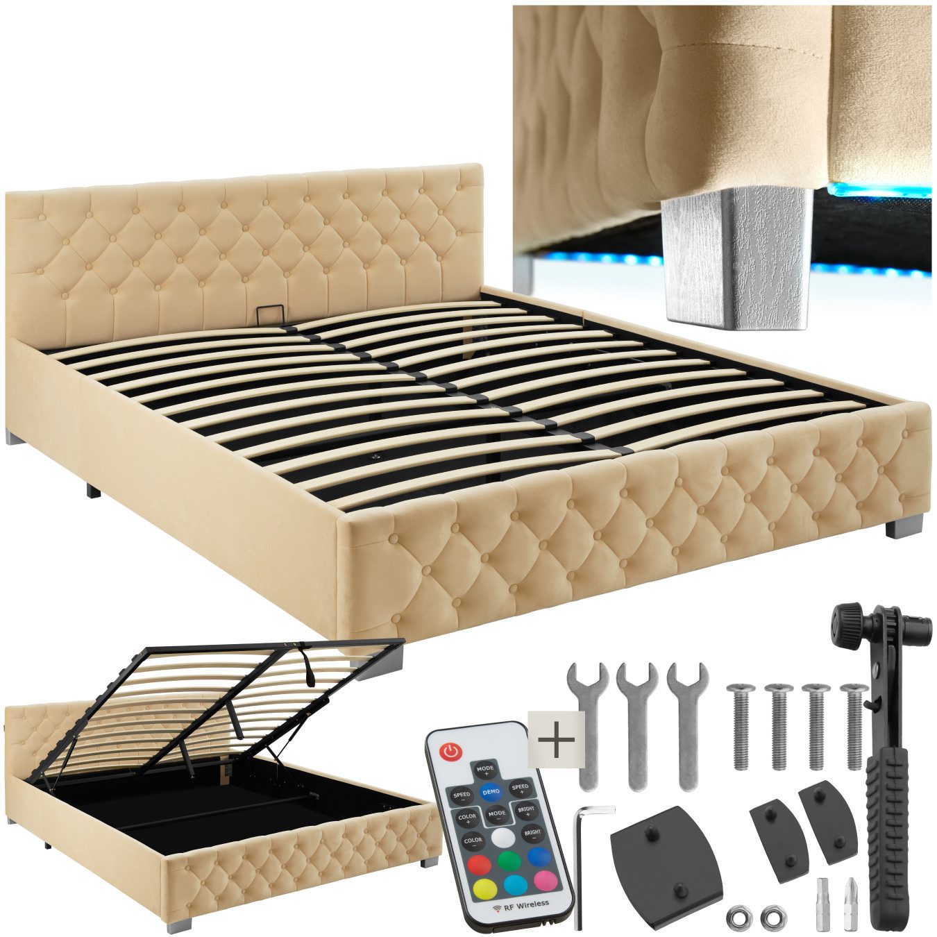 tectake Polsterbett Komfortbett mit LED-Leisten & Stauraum - Samtoptik mit Steppmuster (Bettset, in Beige), stabiler Stahlrahmen, Belastbarkeit 300 kg