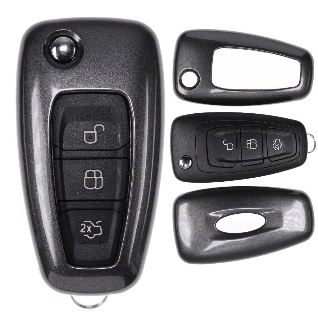 mt-key Schlüsseltasche Autoschlüssel Hardcover Schutzhülle Metallic Grau, für Ford Mondeo S-Max Focus Fiesta Transit Klappschlüssel