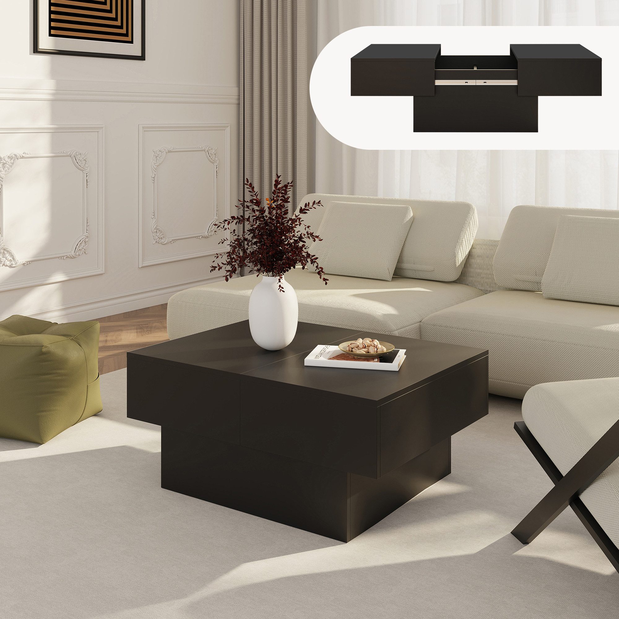 en.casa Couchtisch, ausziehbar »Lens« mit Stauraum 80x60x36 cm Schwarz
