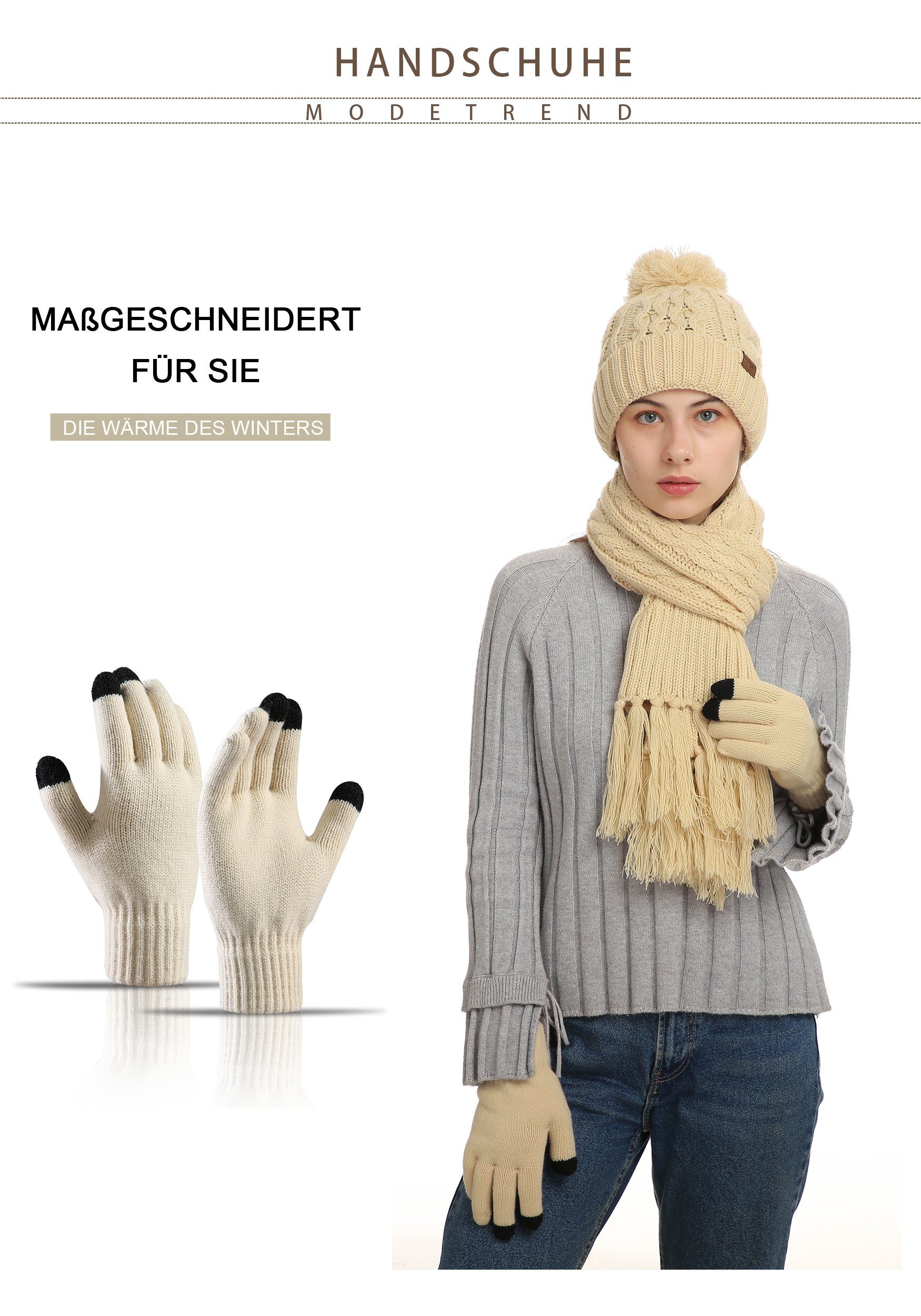 MAGICSHE Mütze & Schal Handschuhe Beige Schal Set