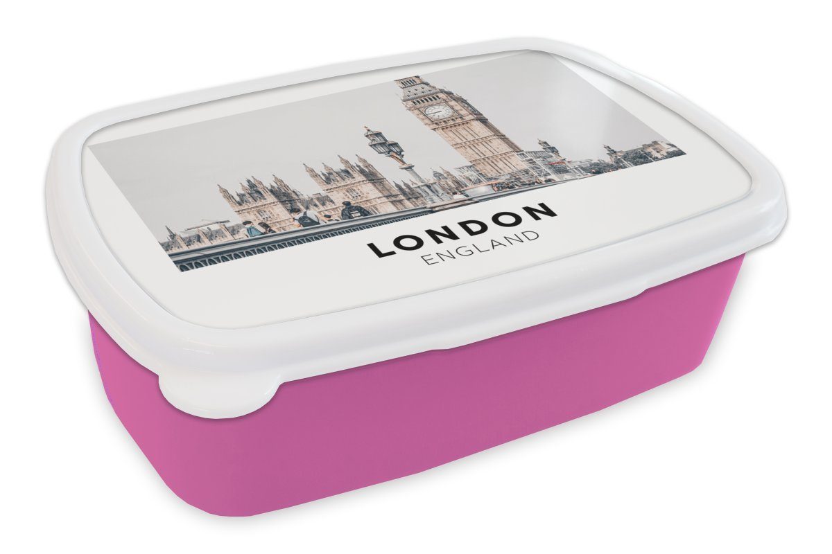 MuchoWow Lunchbox London - England - Big Ben, Kunststoff, (2-tlg), Brotbox für Erwachsene, Brotdose Kinder, Snackbox, Mädchen, Kunststoff rosa
