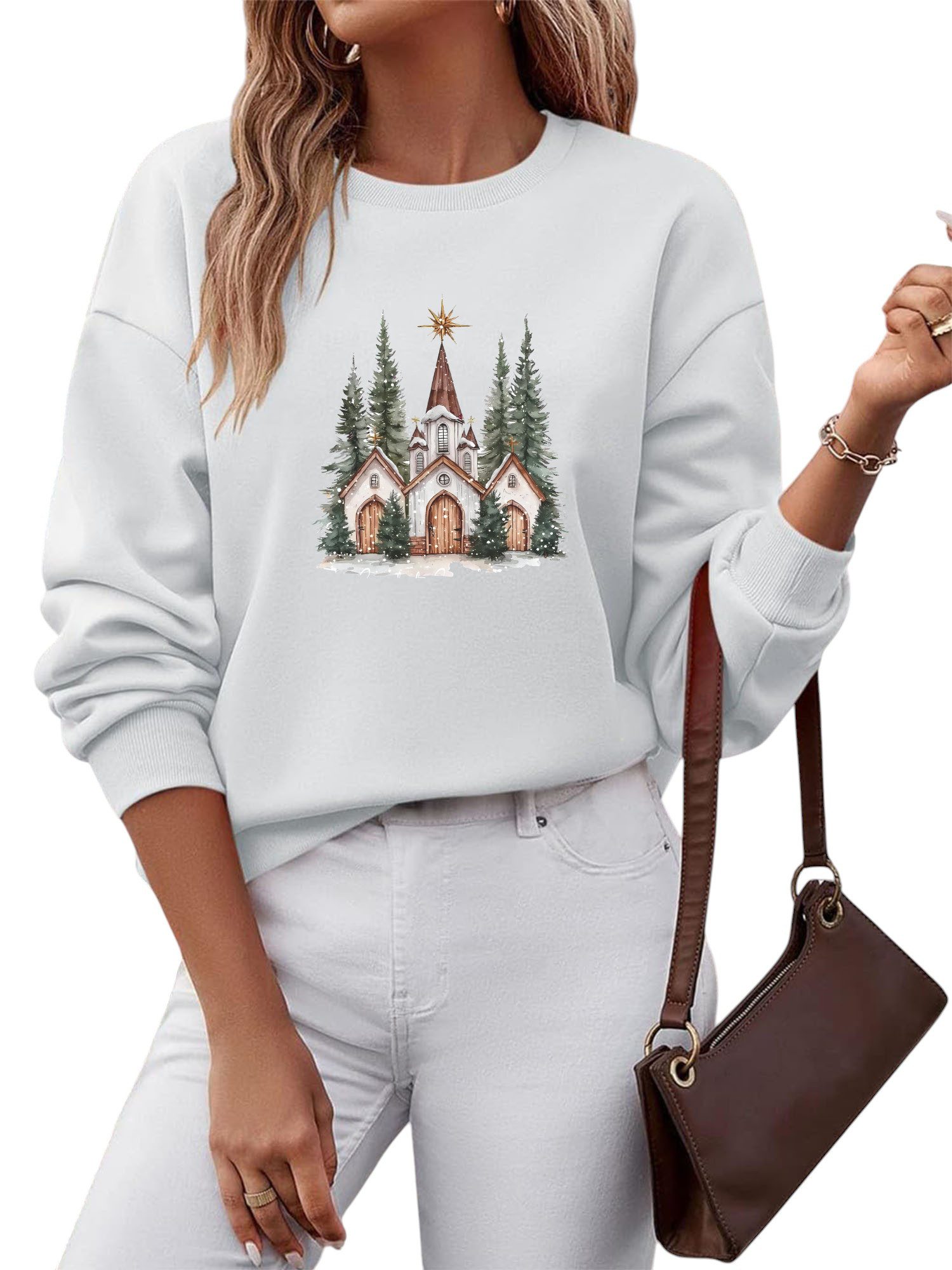 Sweatshirt Damen Rundhalsausschnitt Oversized Sweatshirt mit Kirche Print